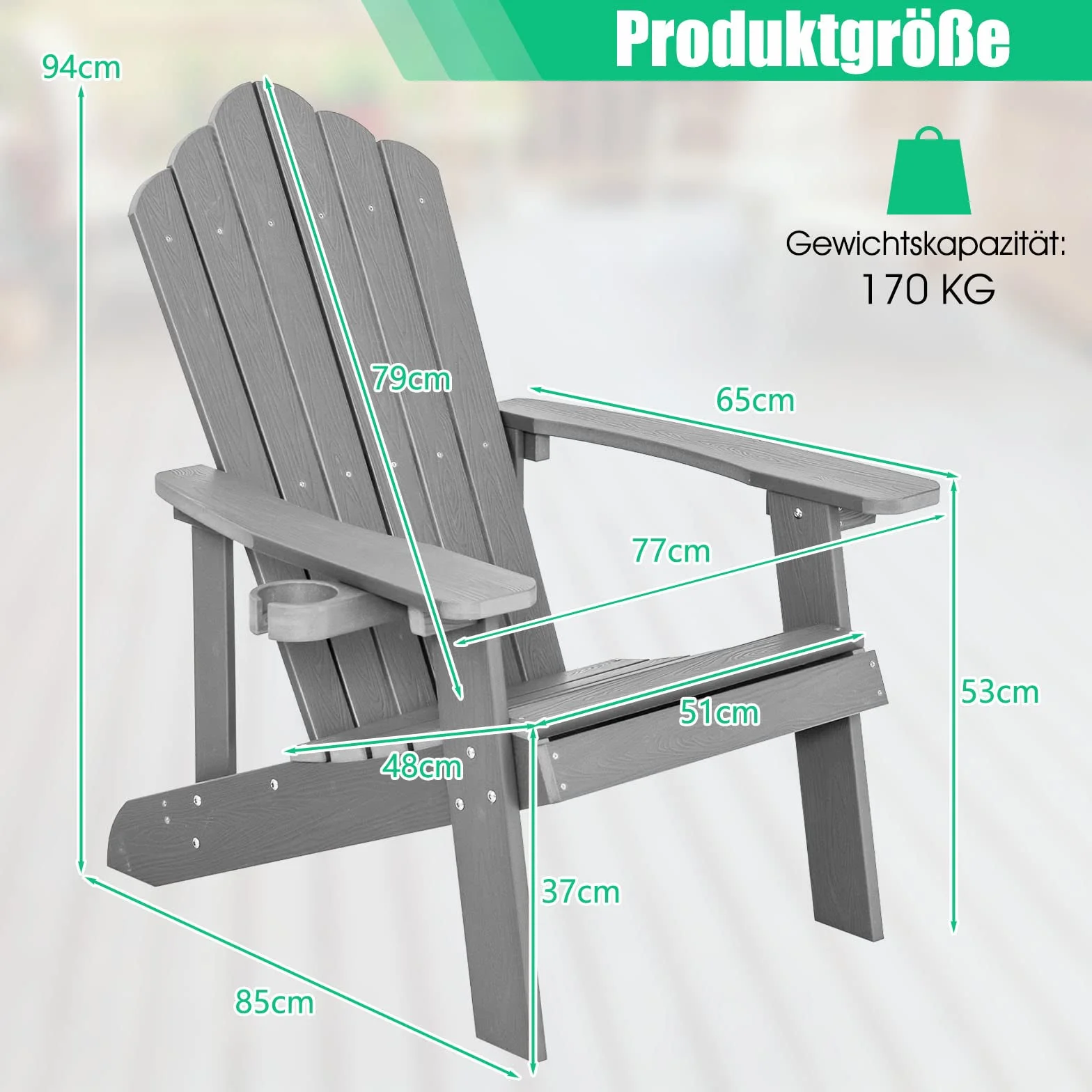 COSTWAY NP10983DE Adirondack krzesło z uchwytem na napoje, odporne na warunki atmosferyczne, fotel ogrodowy z tworzywa sztucznego, krzesło outdoorowe do ogrodu, na taras, nośność 170 kg (jasnoszare), 85 x 77 x 94 cm