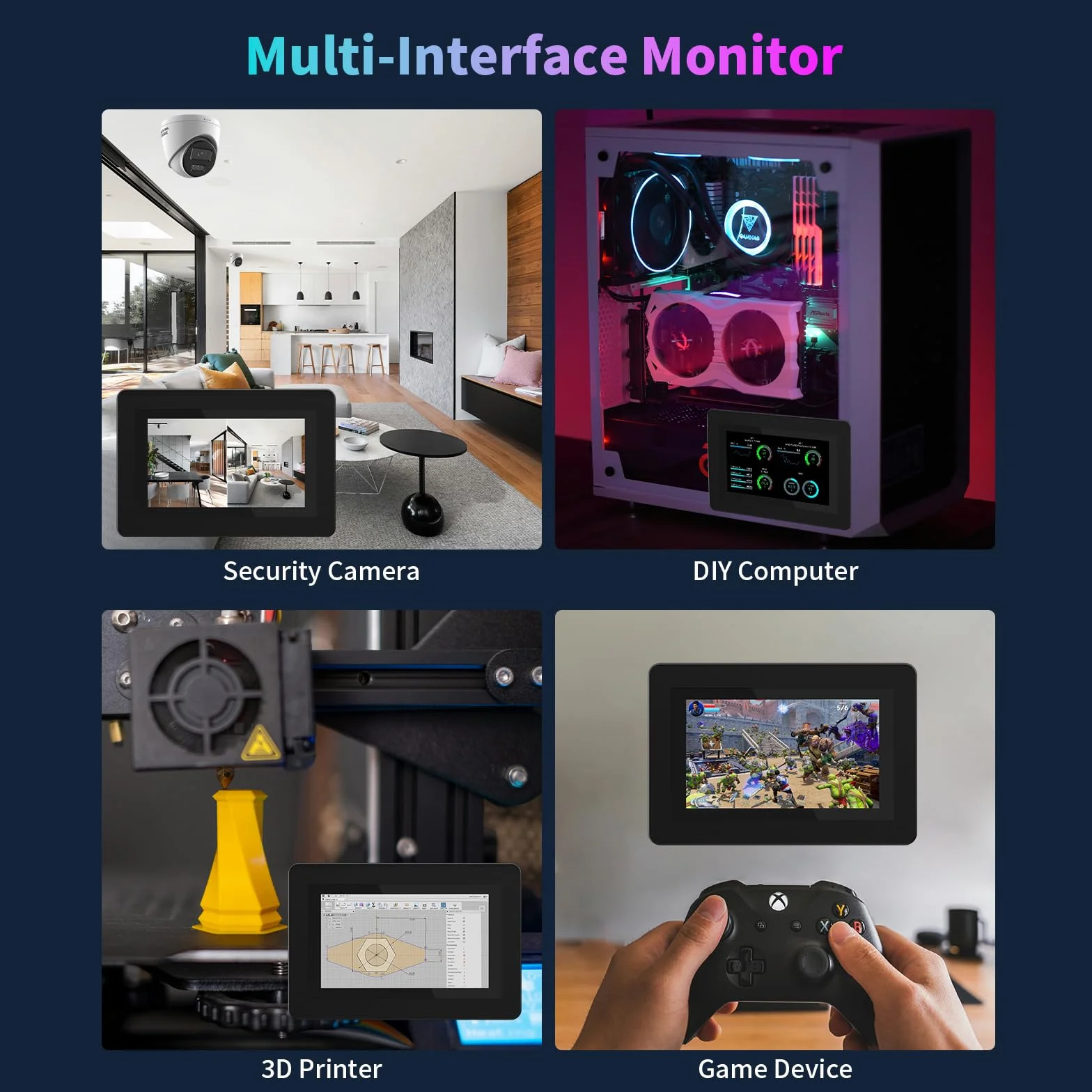 7-calowy ekran dotykowy, 1024 × 600 HD IPS mini monitor z wbudowanymi głośnikami/HDMI/VGA/AV do Raspberry Pi, PC, TV, DVD, CCTV