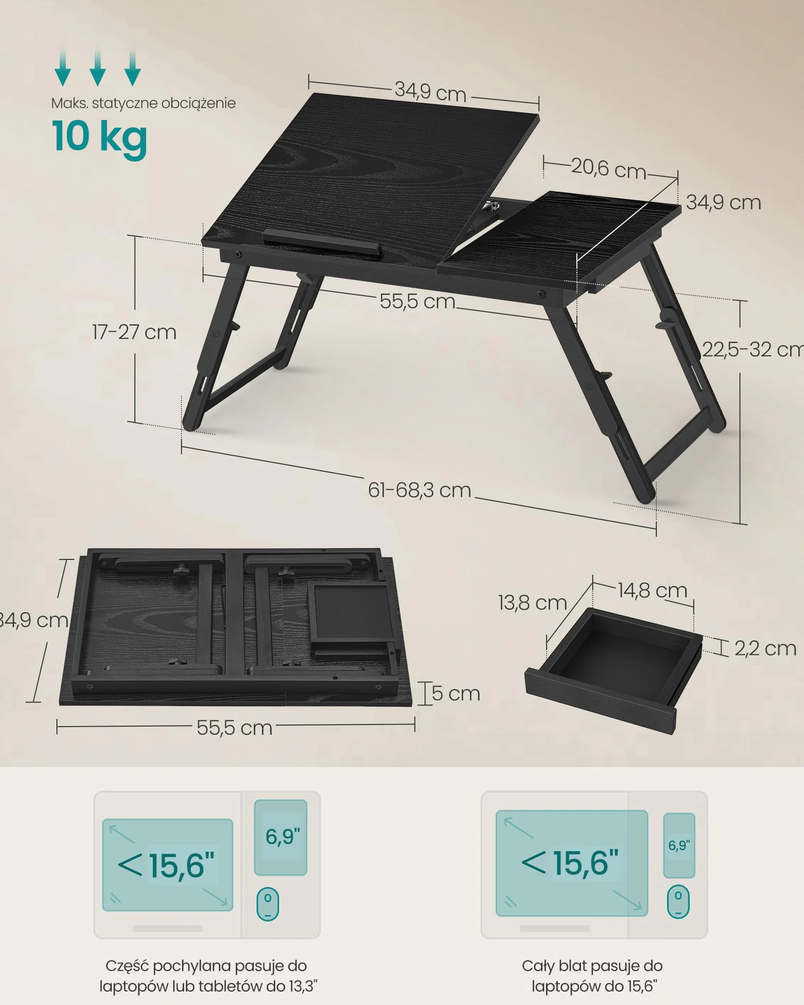 SONGMICS LLD105BE01 stolik na laptopa, łóżko z regulowanym kątem i wysokością, składany stojak na laptopa do 15,6 cala, do pracy, czytania, śniadania, bambusa, szuflady, czarny atrament