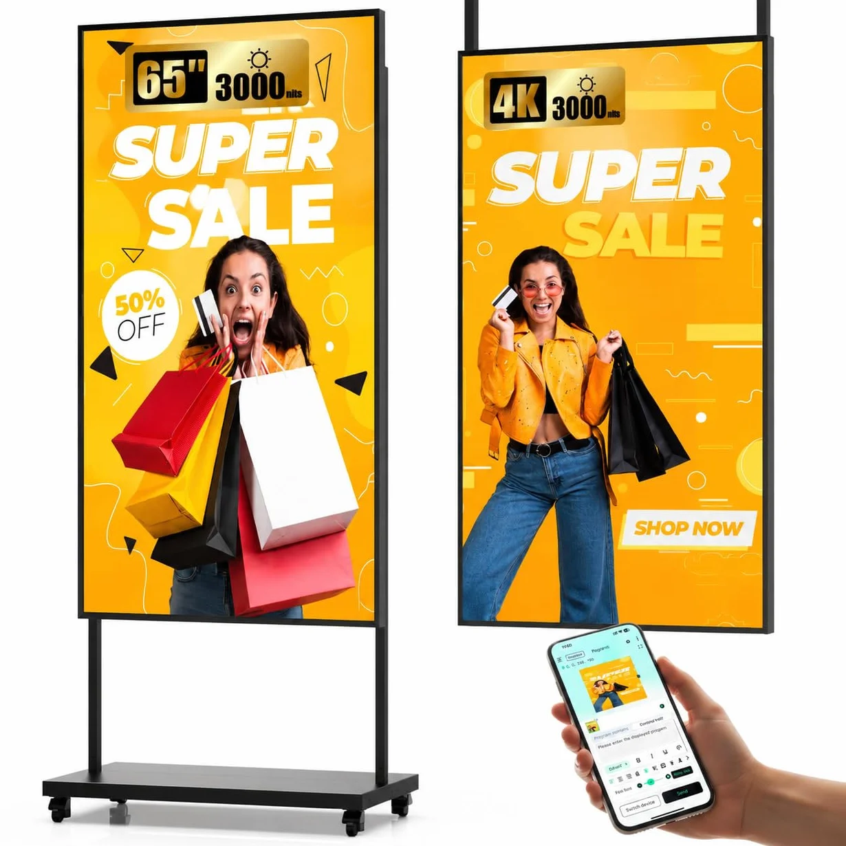 HARZHI 65" 4K UHD wyświetlacz LCD cyfrowy wyświetlacz reklamowy, 3000 Nit, wysoka jasność, chmura/aplikacja/zdalne sterowanie, HDMI/USB/WiFi, do postawienia / zawieszenia / montażu na ścianie do