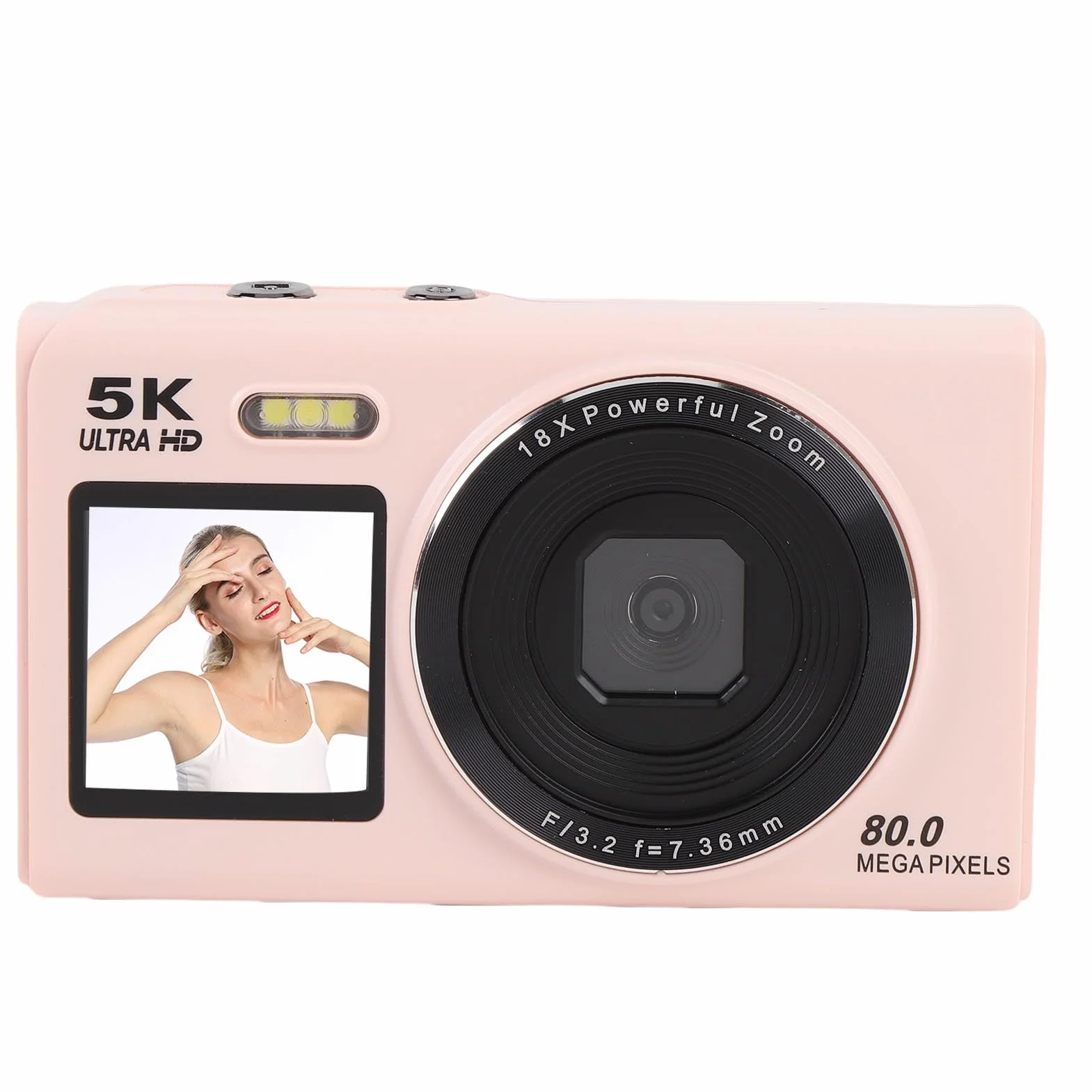 Aparat Cyfrowy 5K, 80 MP Autofocus 18x Zoom Cyfrowy Aparat Fotograficzny z Podwójnym Ekranem, Błyskowa LED, Kompaktowa dla Dorosłych Nastolatków Początkujących (PINK)