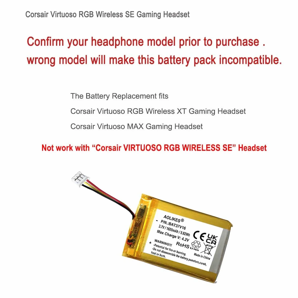 XINLANTECH 3,7 V 1600 mAh Zamiennik baterii do Corsair Virtuoso RGB Wireless XT, Virtuoso MAX Gaming Headset