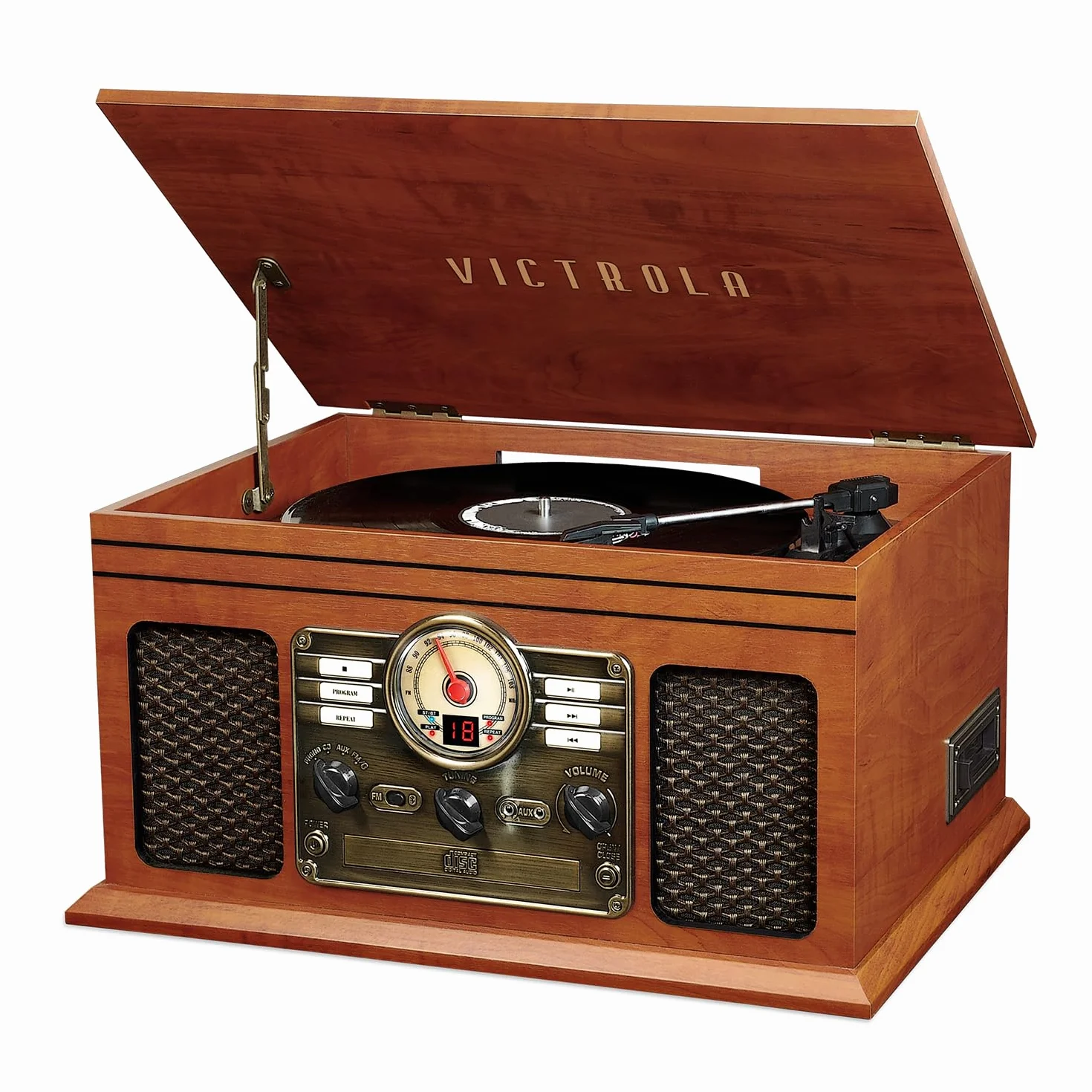Victrola The Quincy – Gramofon Bluetooth 6 w 1 z wbudowanymi głośnikami, talerz obrotowy 3 prędkości, odtwarzacz CD i kaset, radio AM/FM, bezprzewodowe przesyłanie muzyki (Mahogany)