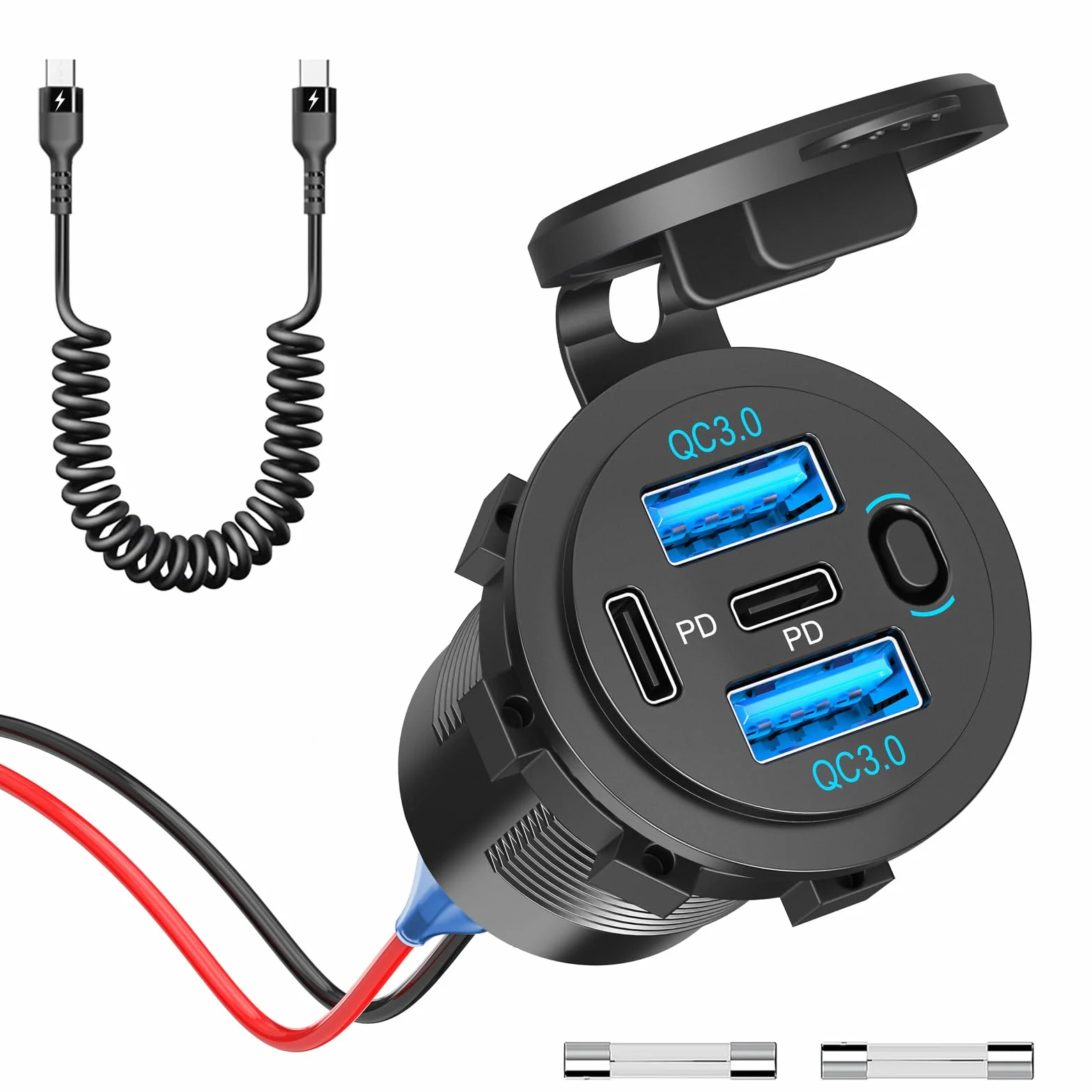 12V USB C Outlet 90W 4 Ports Car Charger Socket, Dual PD 36W i Dual QC 18W Car USB Port 12V Ładowarka z przełącznikiem przyciskowym i kablem C do C, nadaje się do łodzi morskiej autobusowej ciężarówki