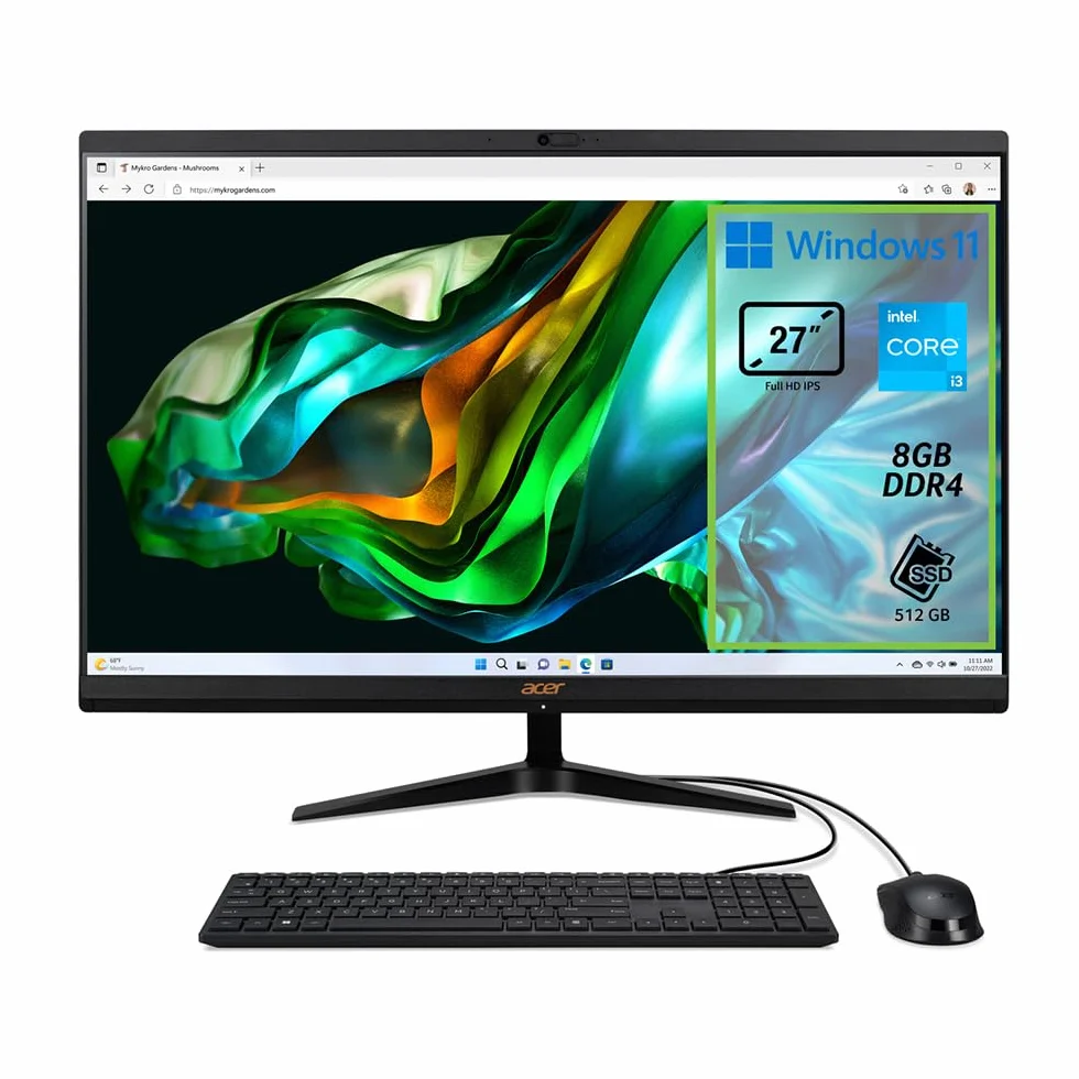 Acer Aspire C27-1800 komputer stacjonarny All in One, komputer stacjonarny, procesor Intel Core i3-1305U, pamięć RAM: 8 GB DDR4, 512 GB SSD, wyświetlacz 27" IPS FHD LED LCD, Intel UHD, Wi-Fi, kamera