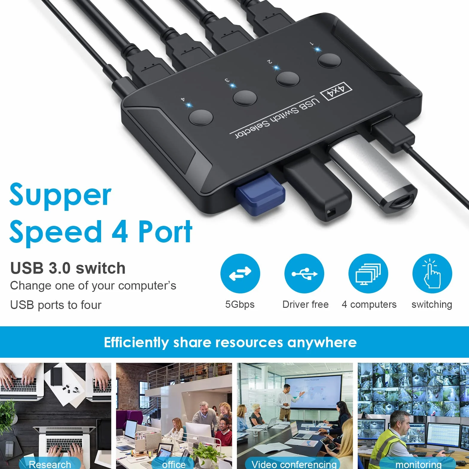 Wysokiej jakości przełącznik USB 3.0 do komputerów współdzielonych z 4 urządzeniami USB do klawiatury, myszy, drukarki, skanerów, urządzeń kompatybilnych z systemami Mac/Windows/Linux