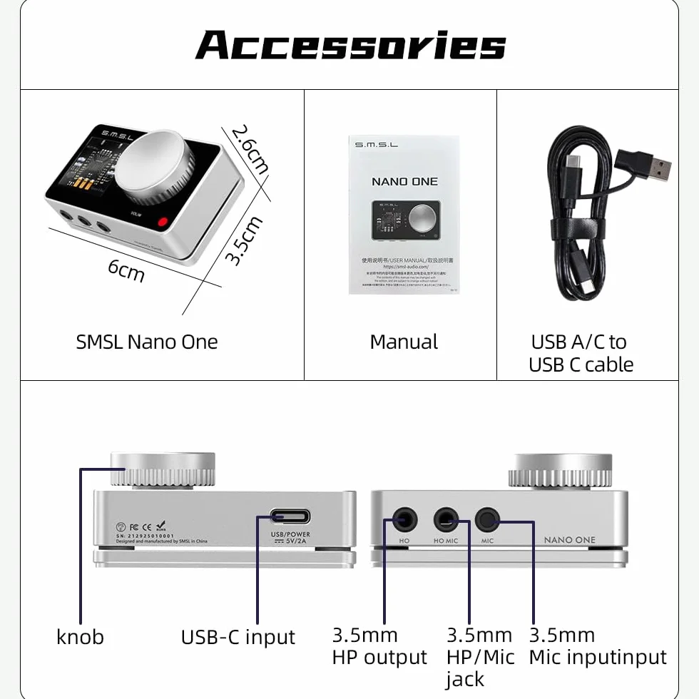 SMSL Nano ONE, zewnętrzna karta dźwiękowa do gier mikrofon/wejście USB, wyjście słuchawkowe 3,5 mm cztery tryby: muzyka/gra/7.1 Virtual/Voice Enhancement łączy się z telefonami/tabletami/komputerami