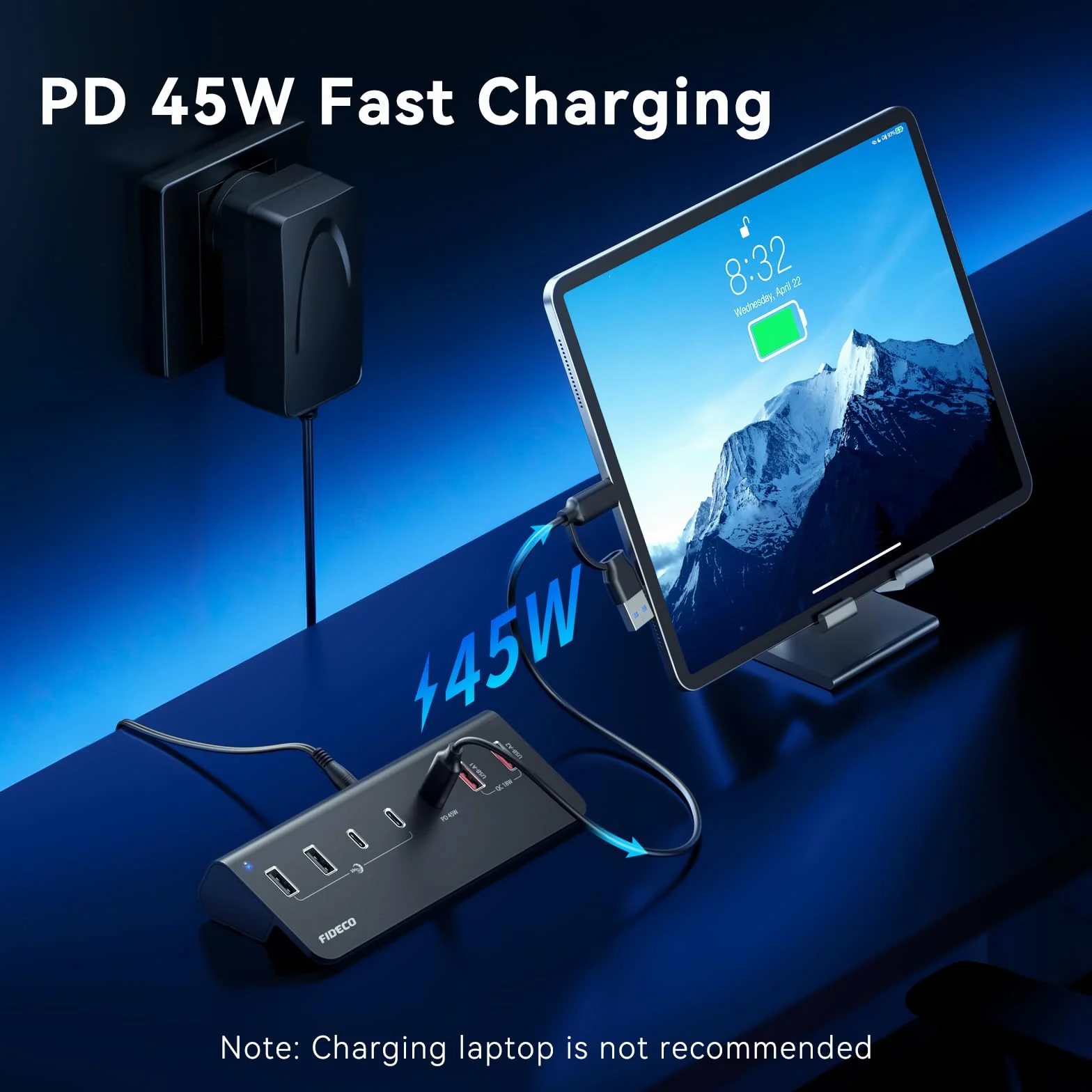 FIDECO 7-portowy hub USB 72 W, hub USB C z 1 PD 45 W, 2 portami ładowania QC 3.0 i 4 portami USB 3.2 (2 USB A + 2 USB C), aluminiowy hub USB 10 Gb/s do laptopa, komputera, MacBooka, iPhone'a 17/16/15