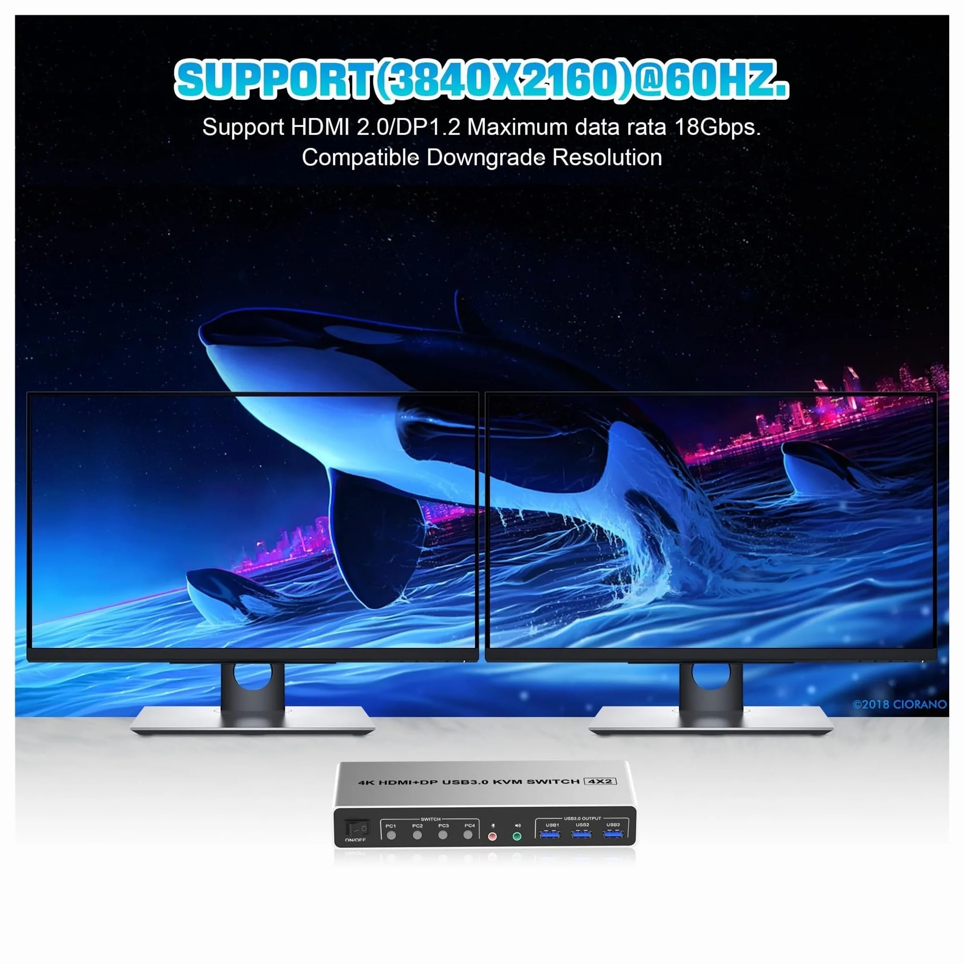 Konwertery wideo, 4K @ 60 Hz USB 3.0 Displayport + Przełącznik KVM 2 monitory 4 komputery, 4-portowy podwójny monitor + DP Przełącznik monitora dla 4 komputerów