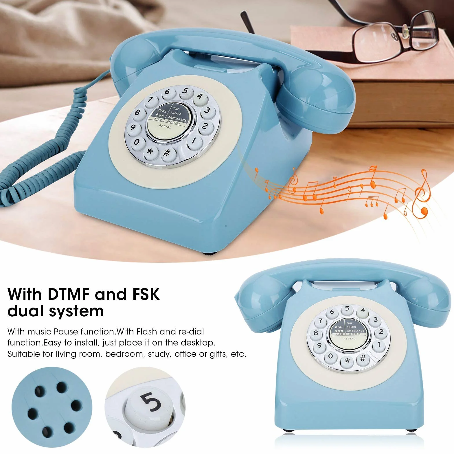 Jednowierszowy przewodowy telefon biurkowy do domu, niebieski telefon biurkowy z kablem, telefon stacjonarny w stylu retro, telefon stacjonarny do domu