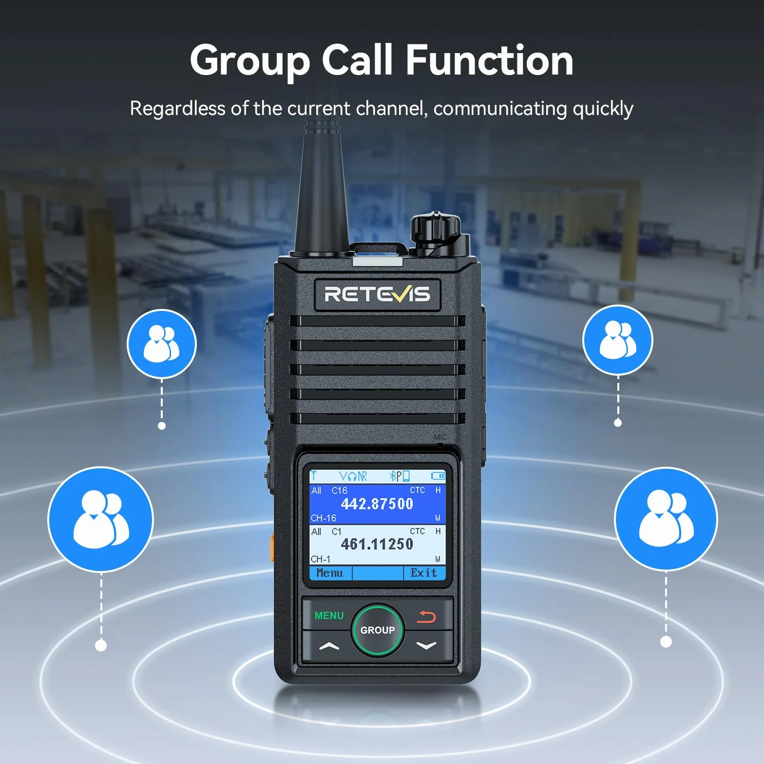 Retevis RB658 Walkie Talkie Bluetooth, Profesjonalne 2-Way Radio App Ustawienie, Połączenie Grupowe, 1800 mAh USB C, IP54, do Sprzedaży Detalicznej (4 Paczki, Czarny)