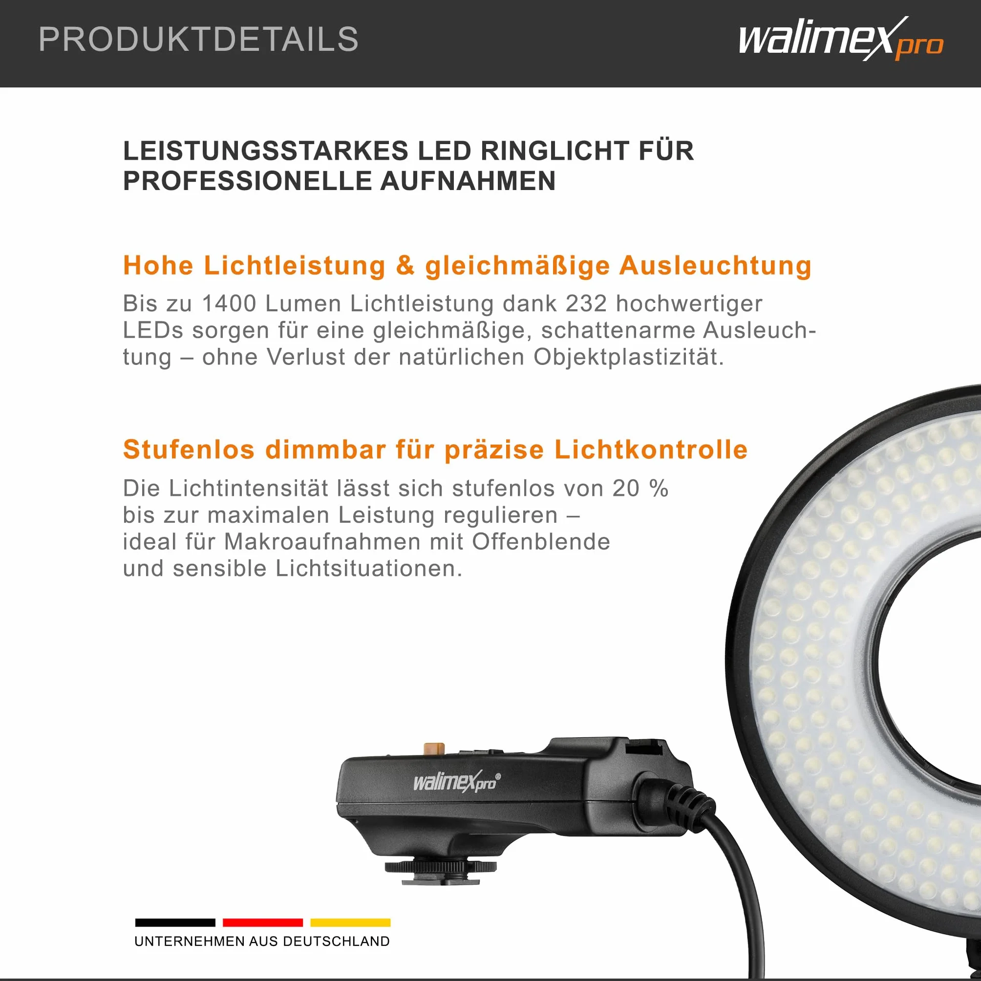 Walimex pro Lampa pierścieniowa makro LED DSR 232, pierścień 14 W z 232 LED-ami, płynna regulacja lampy filmowej