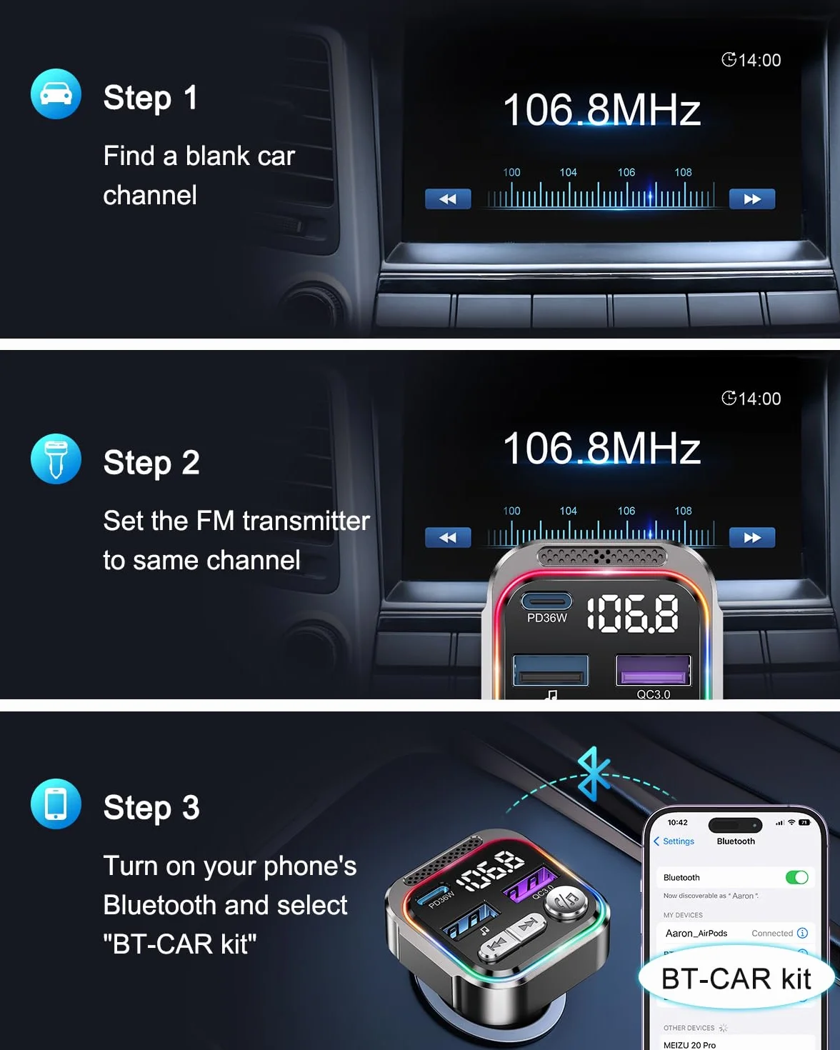 ORIA Nadajnik FM Bluetooth 5.3 66W, PD 36W + QC3.0 18W Samochodowy Nadajnik Bluetooth Radio, Połączenia Głośnomówiące, Synchronizacja Muzyki, Światło Oddechowe, Samochodowy Adapter Muzyczny