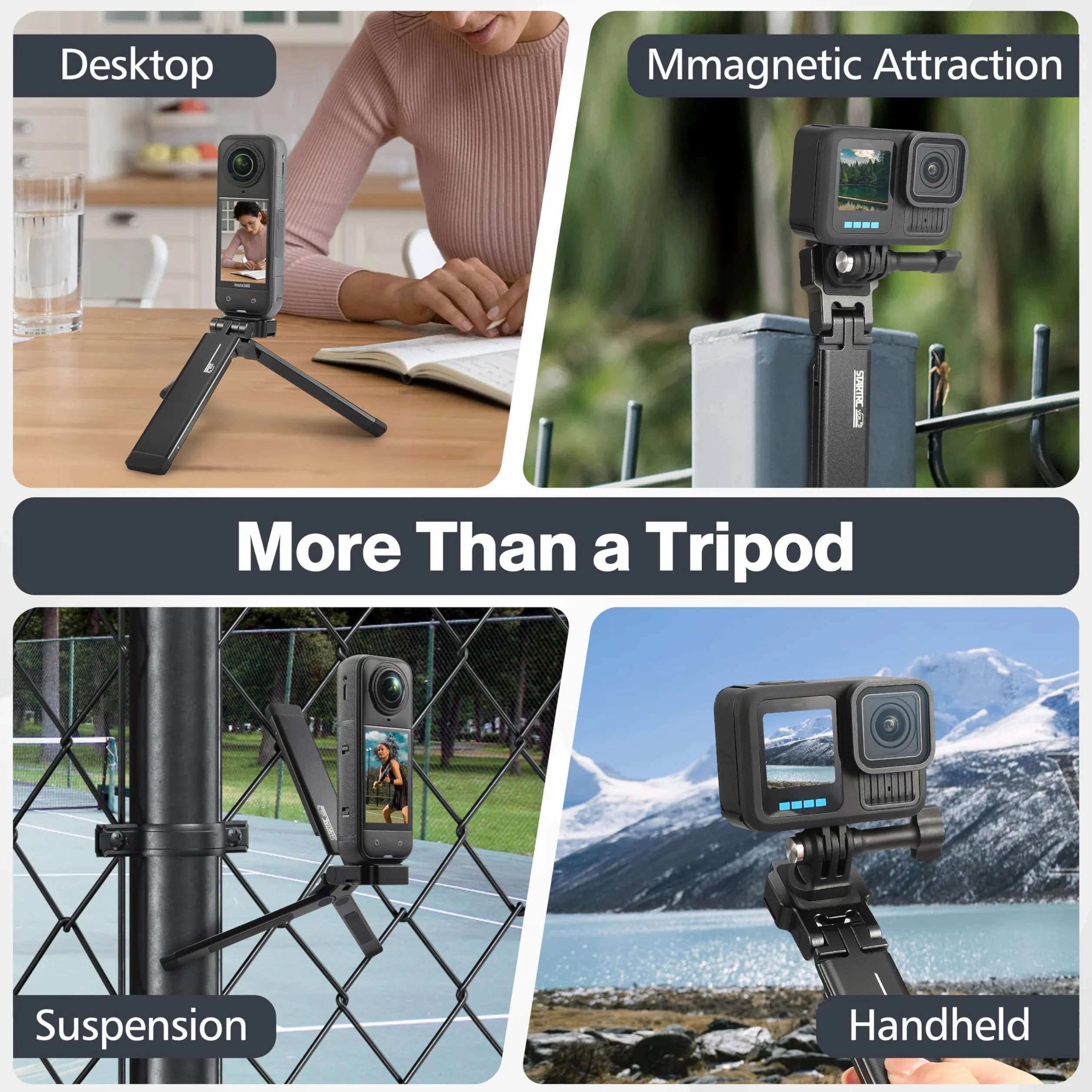 Magnetyczny mini statyw do Insta360 Luna Ultra X5, DJI Action 6 5 Pro | Metalowy statyw do DJI Pocket 4 3, elastyczny stojak na biurko do akcesoriów GoPro, uchwyt do selfie z gwintem 1/4