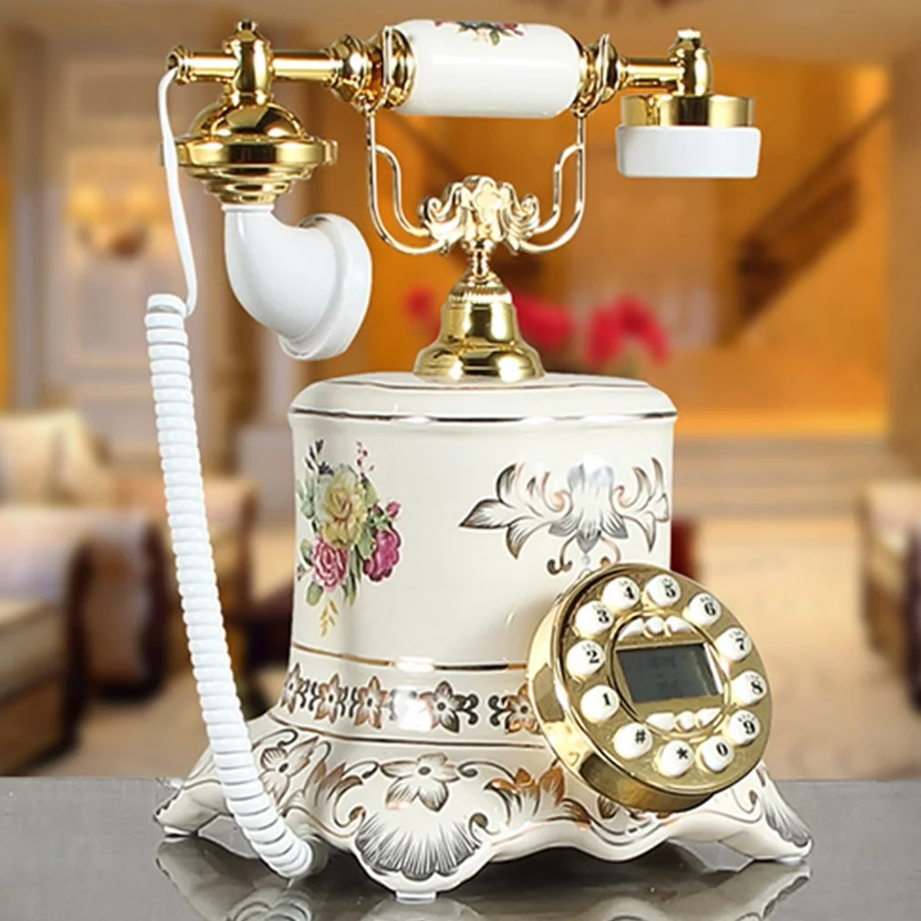 Telefon w stylu retro/antycznym/telefon z wybieraniem klawiszy/z funkcją głośnomówiącą i identyfikacją dzwoniącego, przewodowy telefon z ceramiki i mosiądzu, stacjonarny telefon stacjonarny