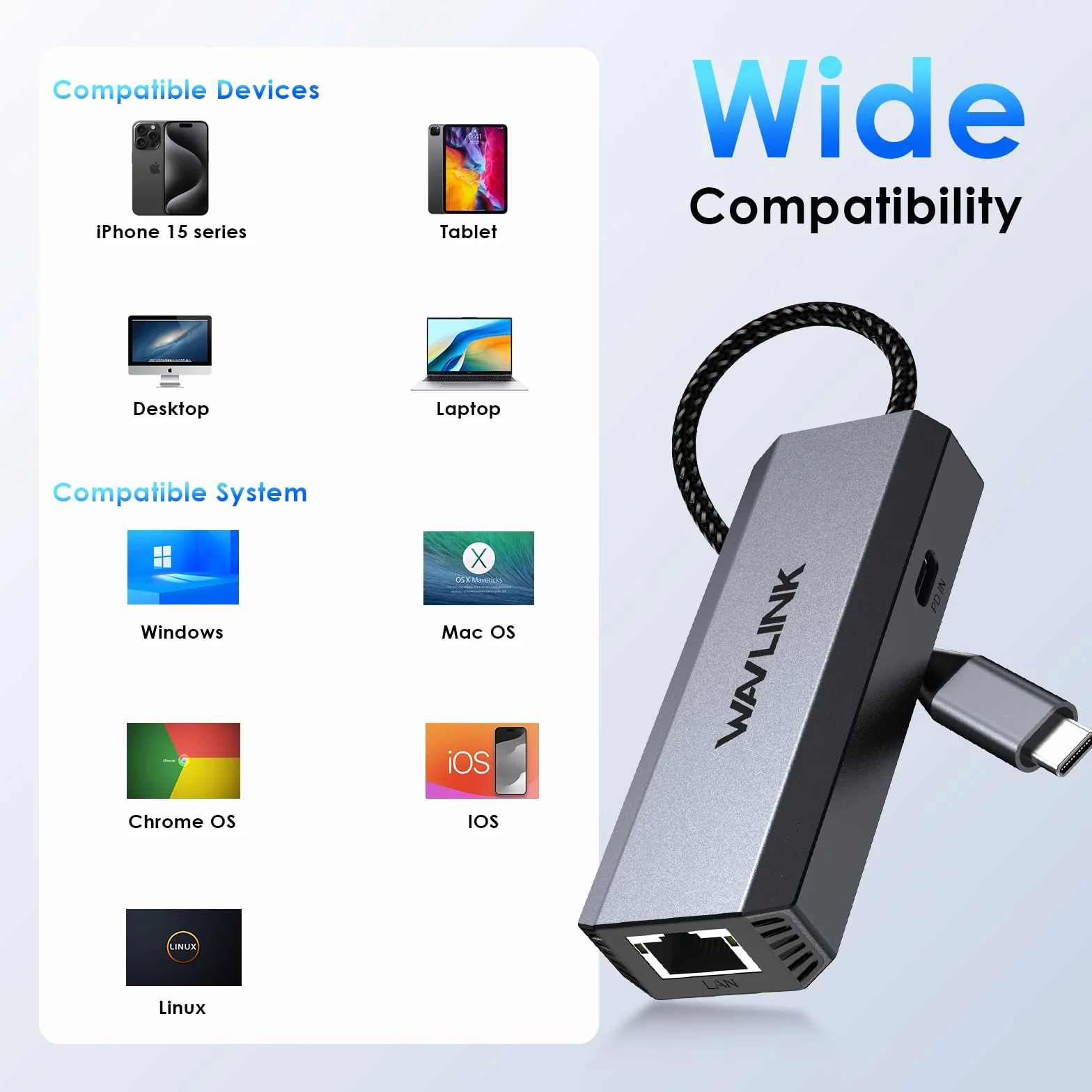 WAVLINK Adapter USB C na Ethernet 2,5 Gb/s, adapter USB na Ethernet 2,5 G, konwerter sieciowy USB-C na RJ45 (kompatybilny z Thunderbolt 4/3) dla Windows, Mac OS, iPad OS i innych