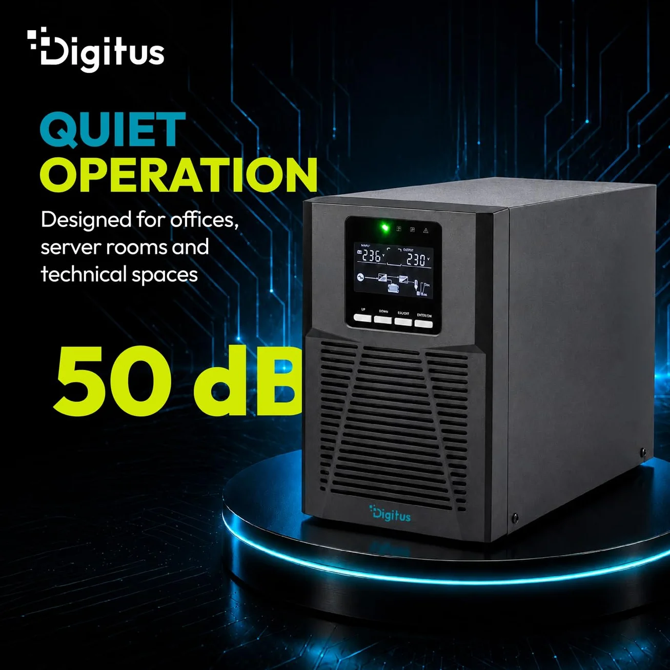 DIGITUS Zasilacz awaryjny – system UPS typu online – 1 kVA 1 kW – 4 gniazda IEC C13 – współczynnik mocy 1,0 – oprogramowanie UPS – porty RS232, RJ45 i USB – obudowa typu tower – czarny