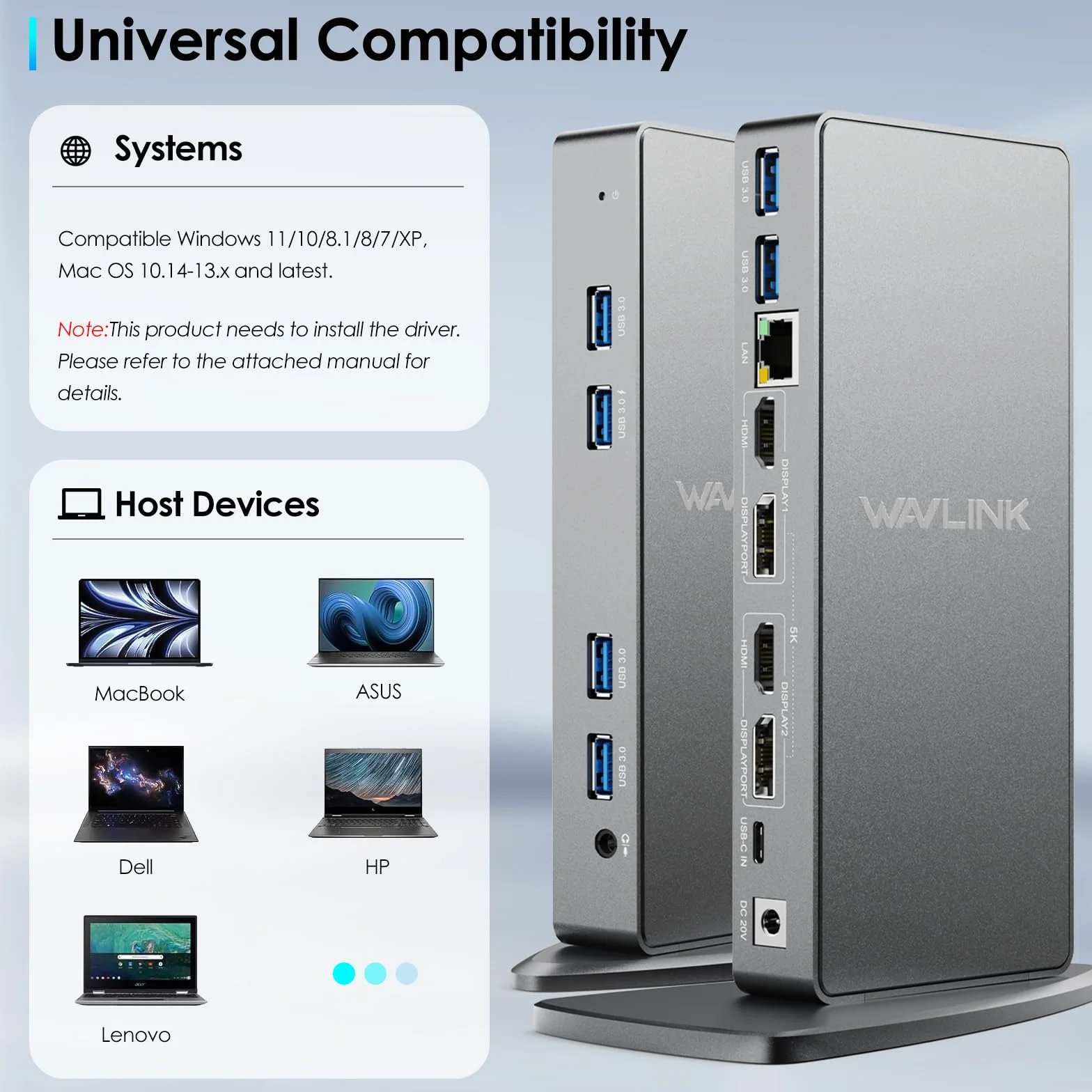 Stacja dokująca DisplayLink, uniwersalna stacja dokująca WAVLINK USB-C z 2 × HDMI i DP, Gigabit Ethernet, 6 × USB 3.0, audio, mikrofon, kompatybilna z Mac OS i Windows