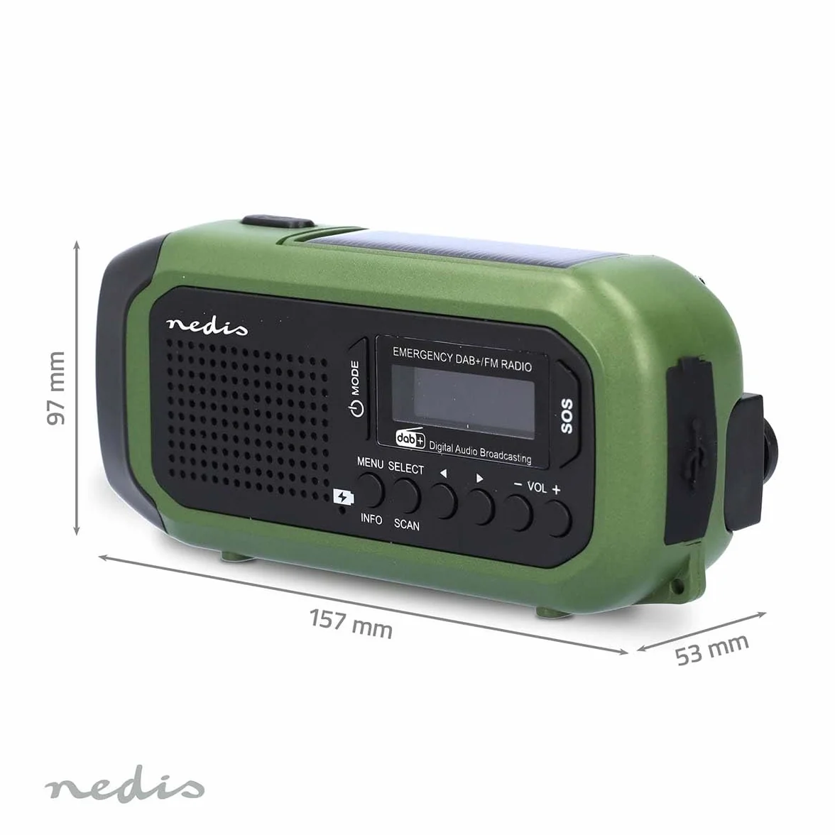 Radio awaryjne – wersja przenośna – DAB+/FM – zasilanie bateryjne/korba ręczna/zasilanie energią słoneczną/zasilanie przez USB – budzik – zielony/czarny