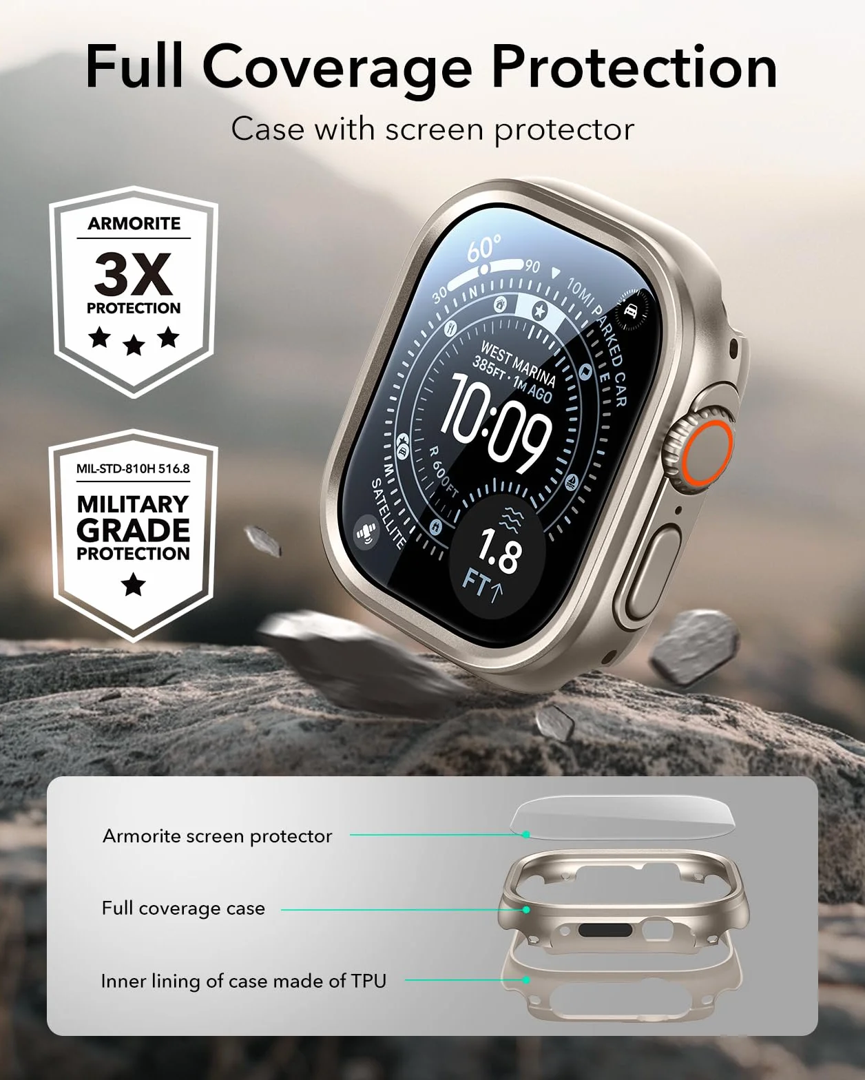 ESR Pokrowiec ochronny na Apple Watch Ultra 49 mm (2025/2024/2023/2022), ochrona wojskowa, stopoletni z 2 ochranicznikami ze szkła pancernego, pozostaje oryginalna