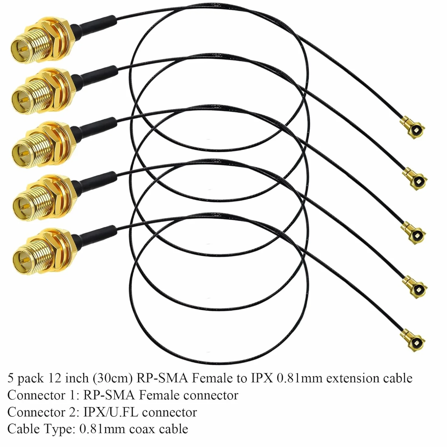 Kabel przedłużający IPX do RP-SMA 0,81 mm U.fl - Antena Wi-Fi Mini PCI do kabla koncentrycznego SMA z odwrotną polaryzacją - 12 cali (30 cm) - opakowanie 5 szt