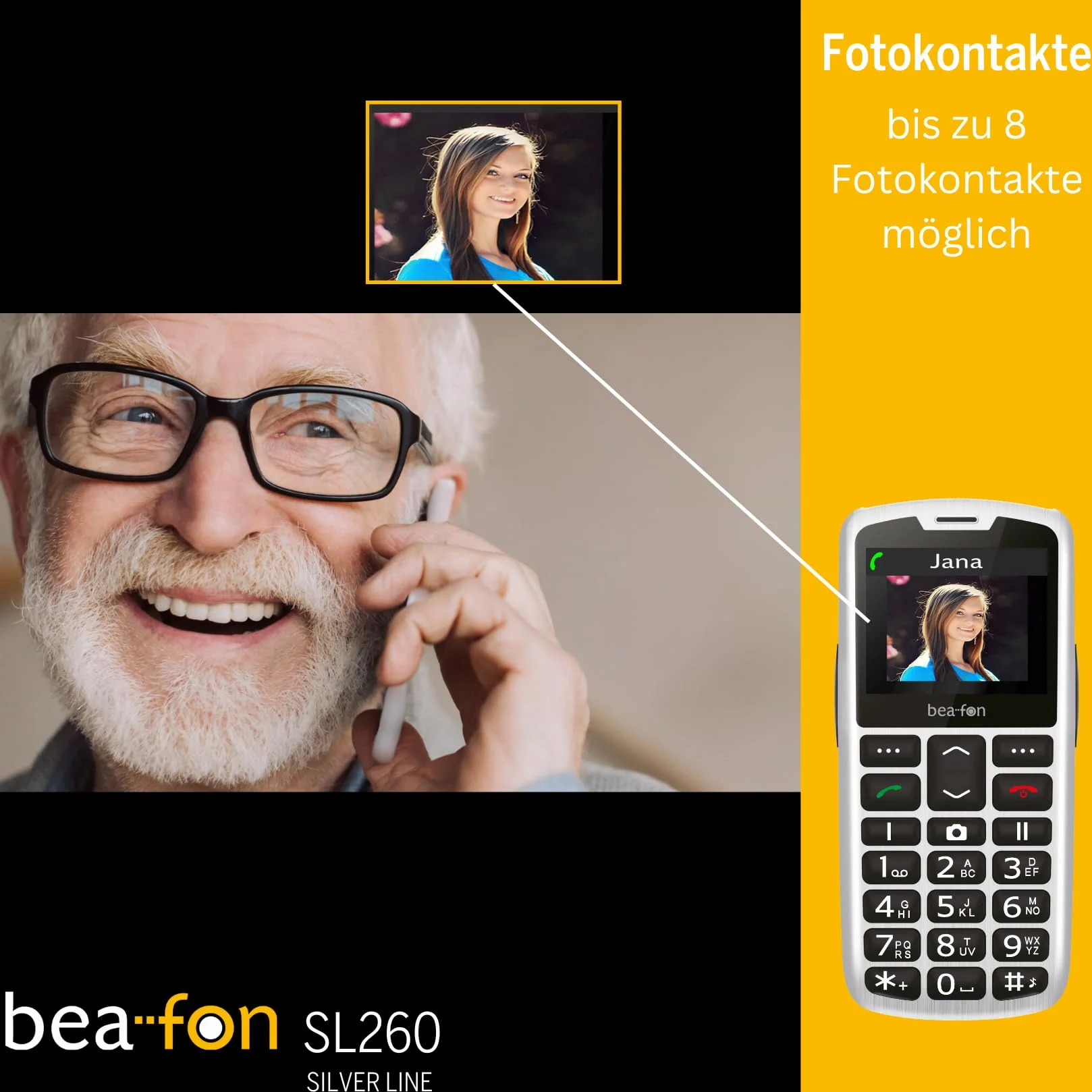 Beafon, SL260, Silverline, telefon z przyciskiem, telefon komórkowy dla seniorów z przyciskiem alarmowym SOS, kompatybilny z aparatami słuchowymi, M4/T4, sygnał świetlny, wyświetlacz 2,2" (5,58 cala