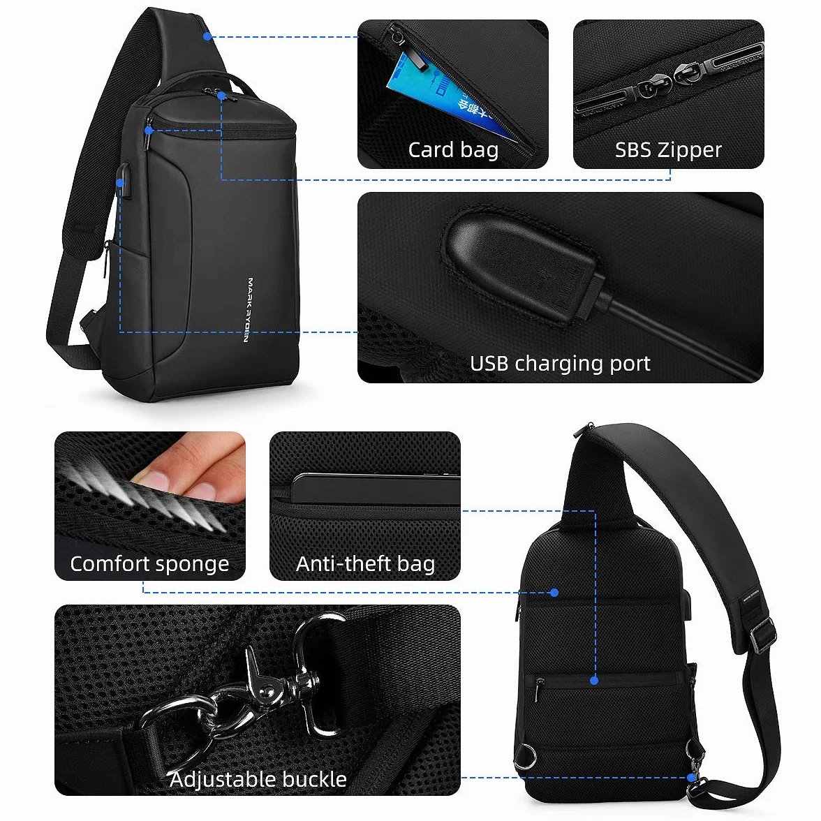Muzee Torba na ramię, wodoodporny plecak typu crossbody, plecak z zabezpieczeniem przed kradzieżą z wieloma kieszeniami, swobodny plecak męski (dla iPada 10,5 cali)