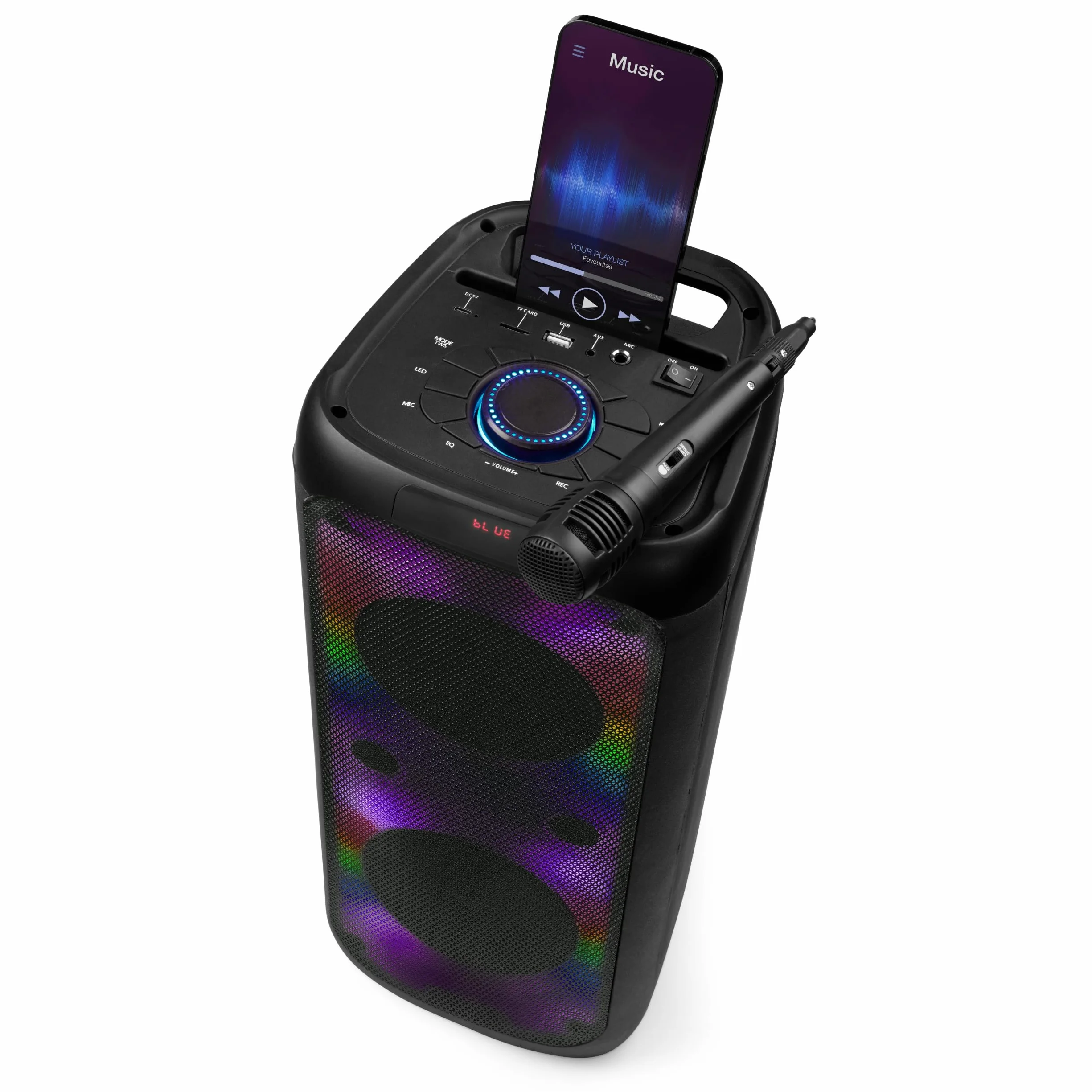 Intempo Blaze głośnik Bluetooth imprezowy 100 W PMPO z mikrofonem karaoke | 5 trybów oświetlenia LED, zasięg bezprzewodowy 25 m, akumulator 3000 mAh, do 10 godz. odtwarzania