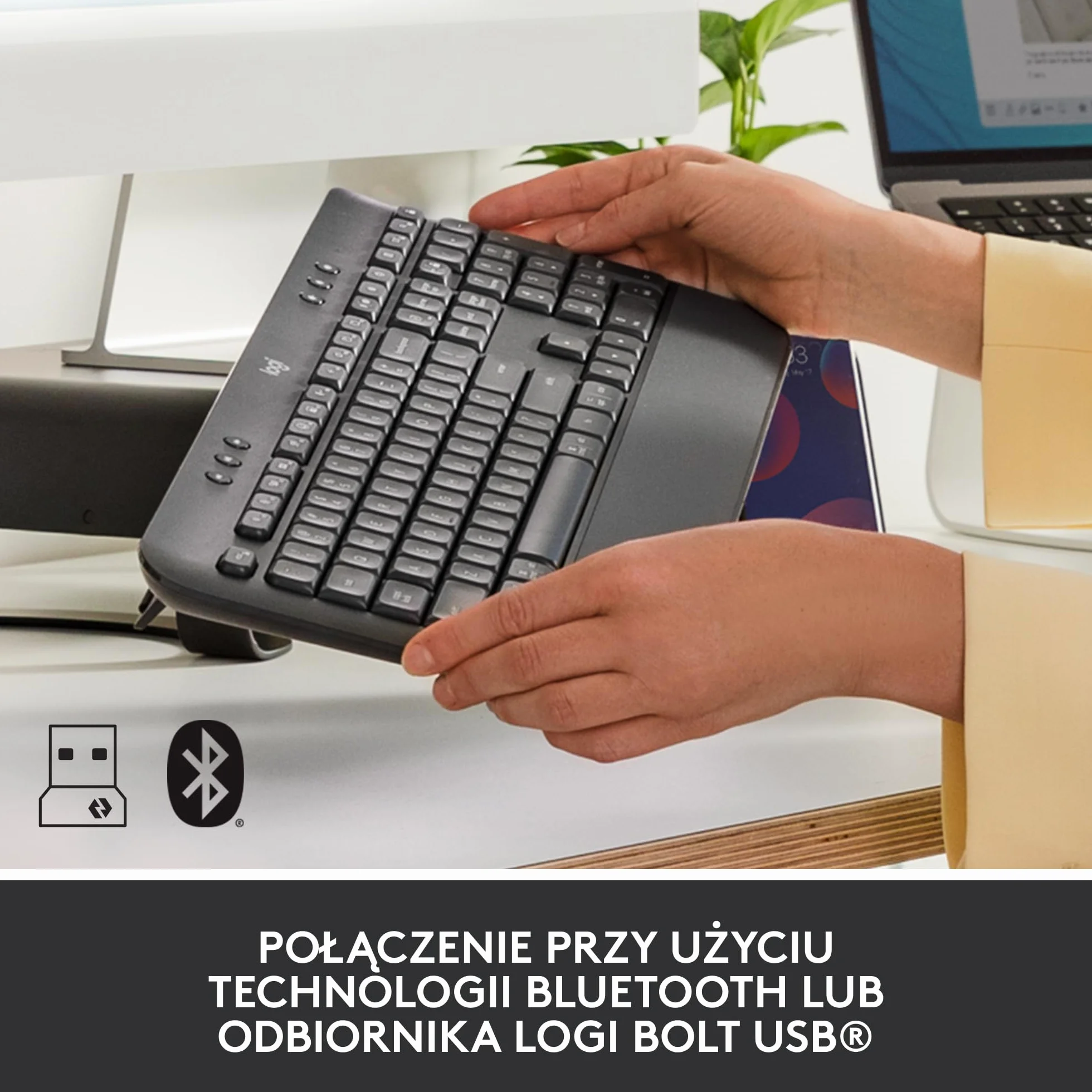 Logitech Signature K650 Klawiatura, Pełnowymiarowa, Bezprzewodowa Klawiatura z Podkładką, Bluetooth i USB Logi Bolt, Amortyzowane Klawisze, PC, Windows i Mac, QWERTY US international - Szary