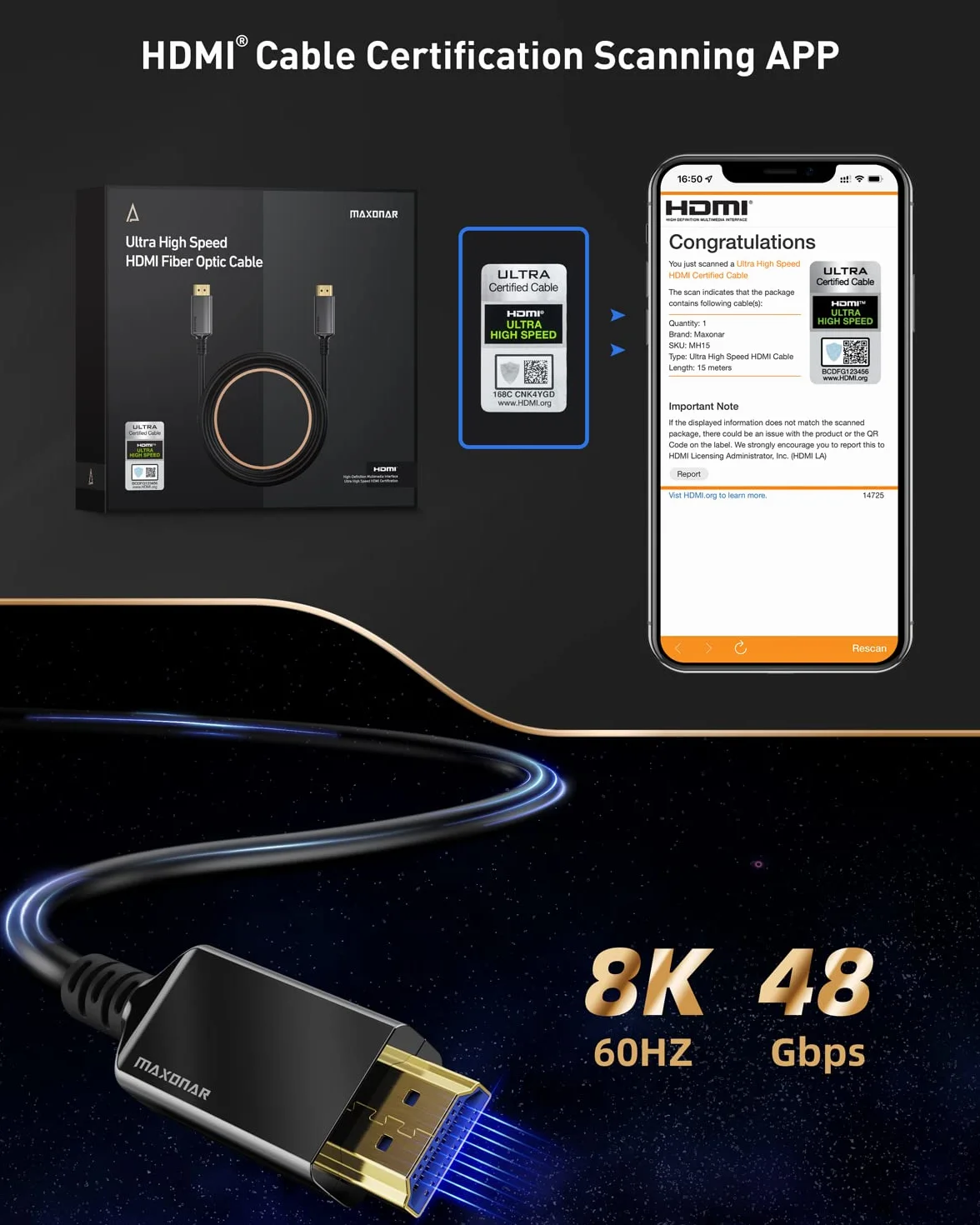 Maxonar kabel światłowodowy HDMI 8K 15M [Certyfikowany] Ultra szybki kabel HDMI® 8K60 4K120 144Hz 48Gbps CL3 HDCP 2.2 i 2.3 eARC HDR Dolby do PS5/Xbox Series X/Apple TV 4K, Roku TV