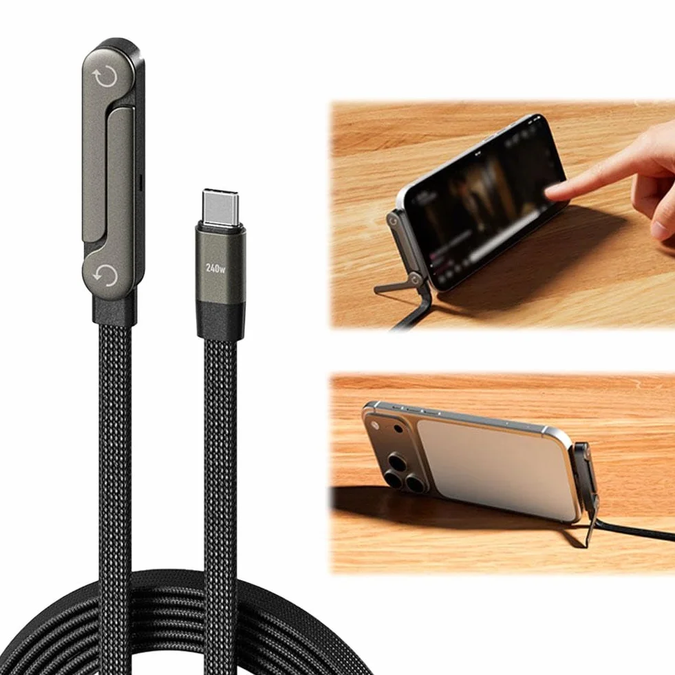 Kabel do ładowania z niewidocznym uchwytem, 65 W, super szybkie ładowanie, kabel do szybkiego ładowania 2 w 1 i wielokątny stojak na telefon do gier, biura, podróży samochodem, kabel do ładowania typu