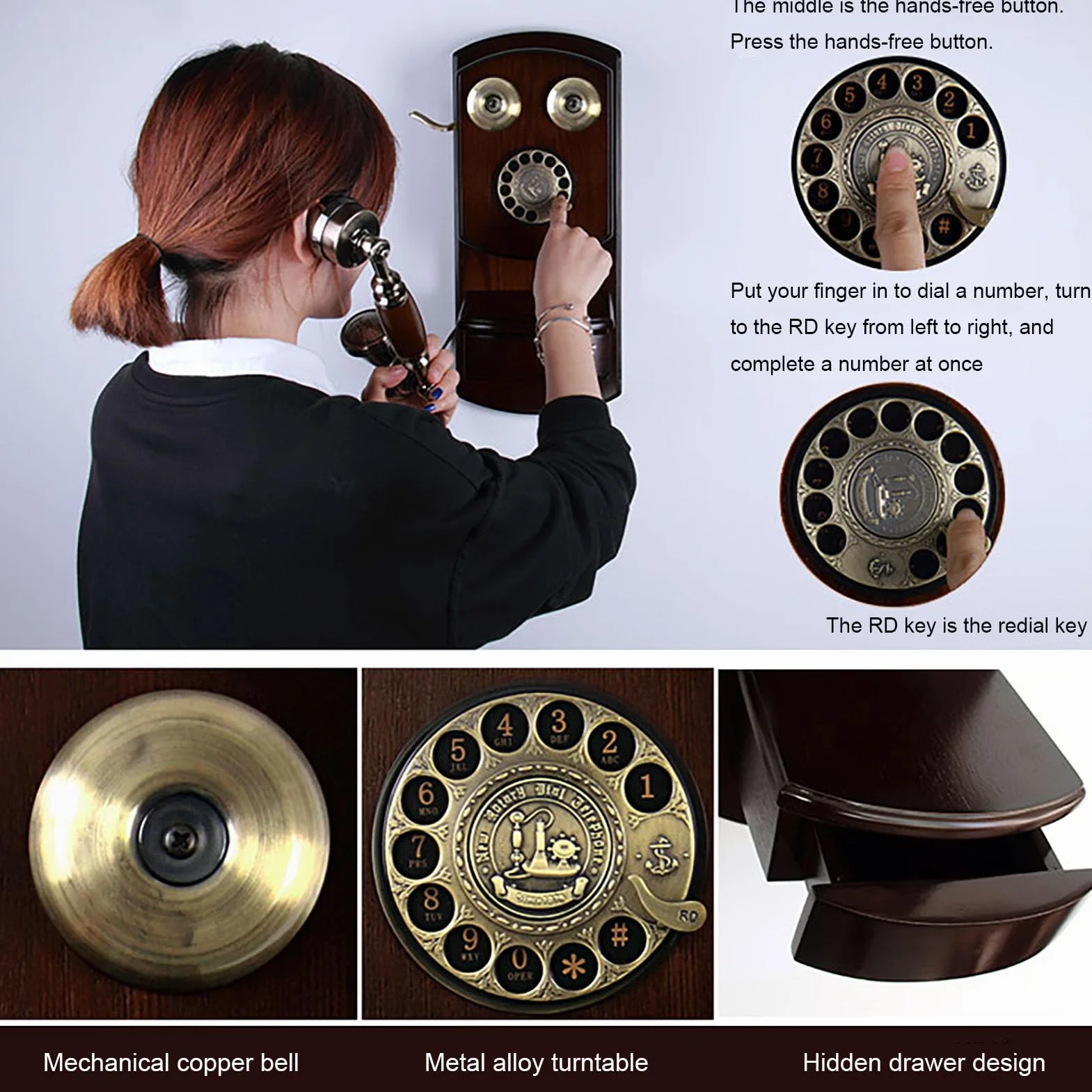 HJMMWT Telefon do montażu na ścianie w stylu retro, telefony stacjonarne do domu, vintage przewodowy z dzwonkiem mechanicznym, klasyczna, staromodna tarcza do biura szkolnego w kuchni