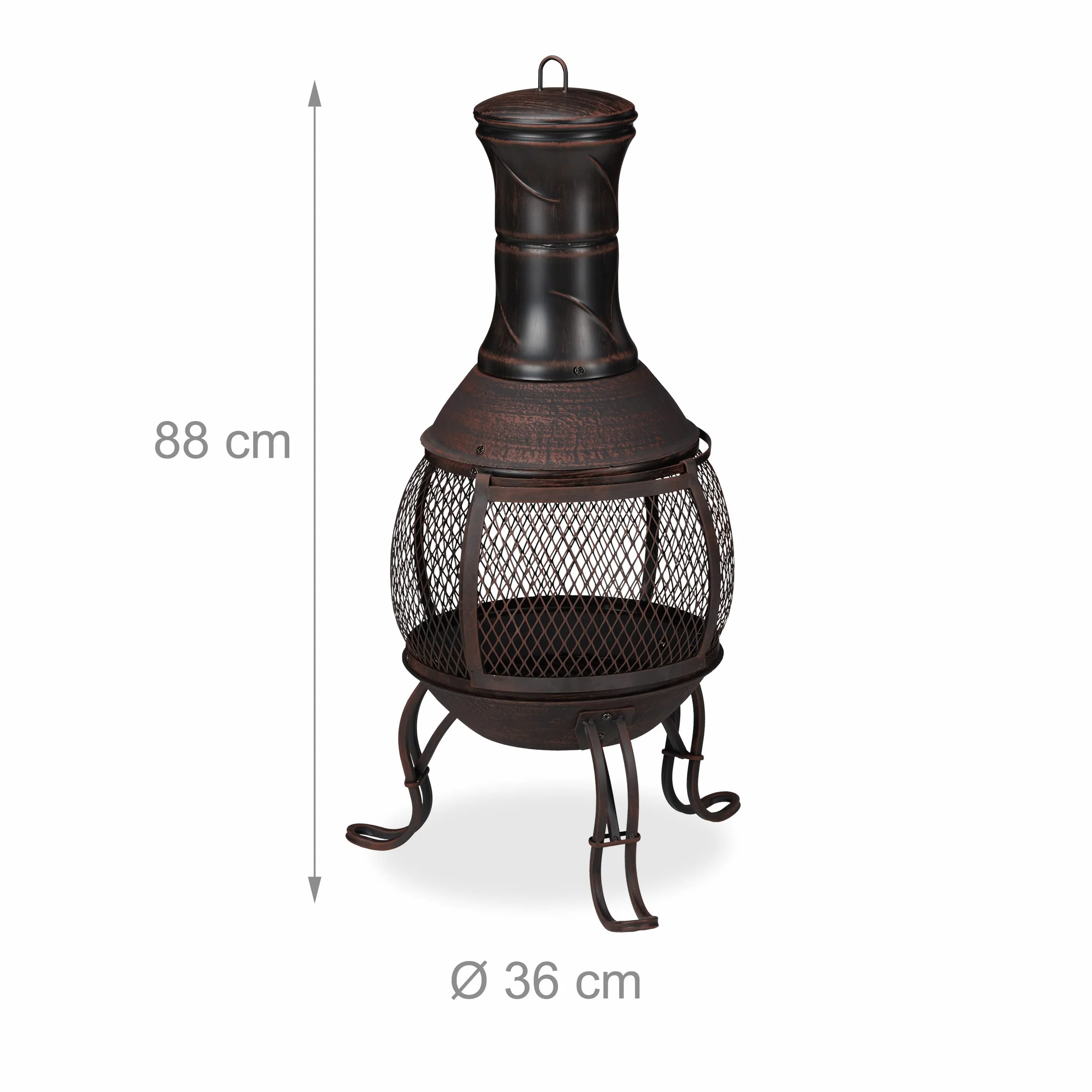 Relaxdays Piec tarasowy, stal i żeliwo, wys. x śr.: 88 x 36 cm, kominek ogrodowy, ochrona przed iskrami, Chiminea, piec aztecki, czerwony/brąz