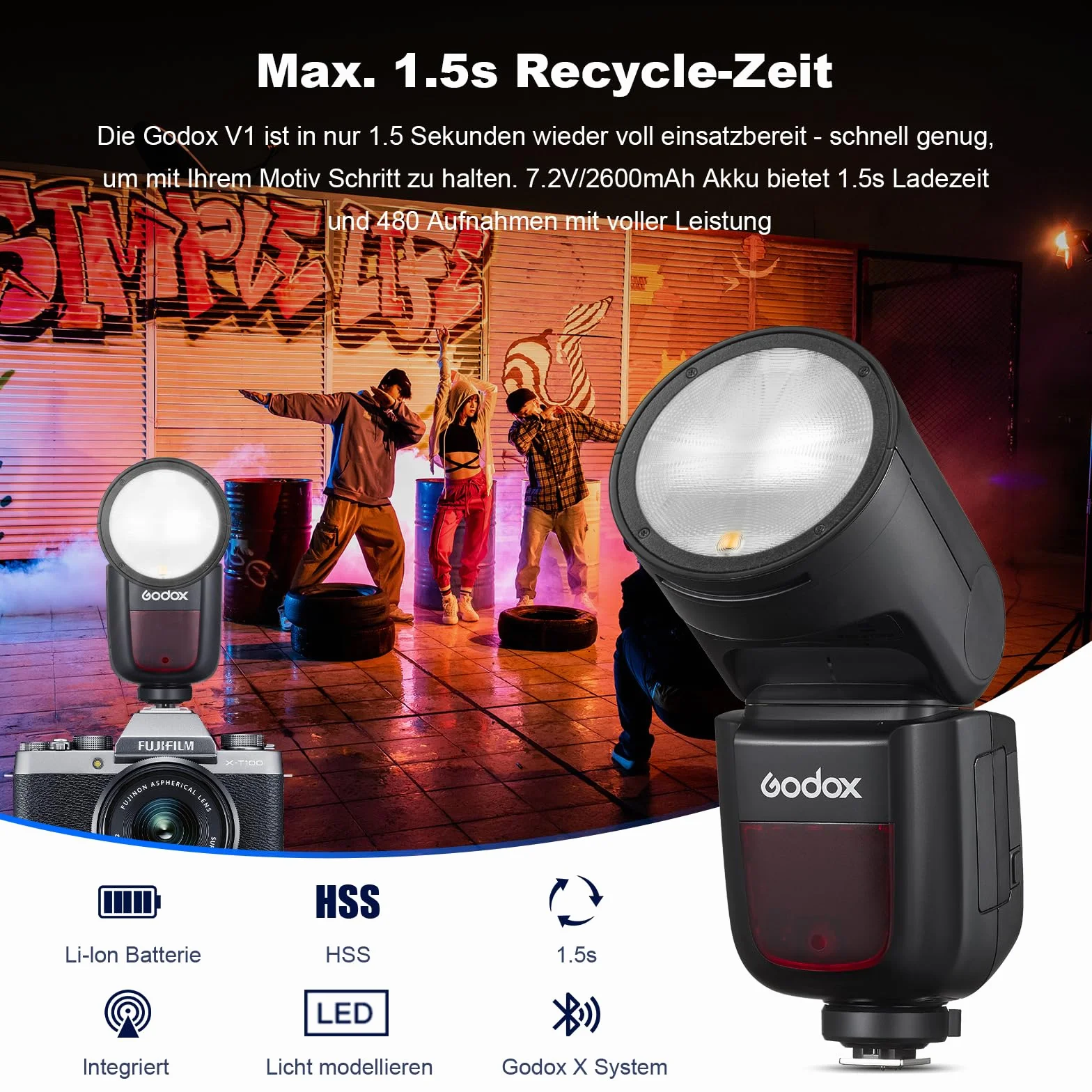 GODOX V1F okrągła lampa błyskowa, 76 W, Speedlite, profesjonalna, okrągła lampa błyskowa 1/8000 HSS 2.4G, Wireless X System i-TTL z akumulatorem litowo-jonowym 2600 mAh, kompatybilna z Fuji