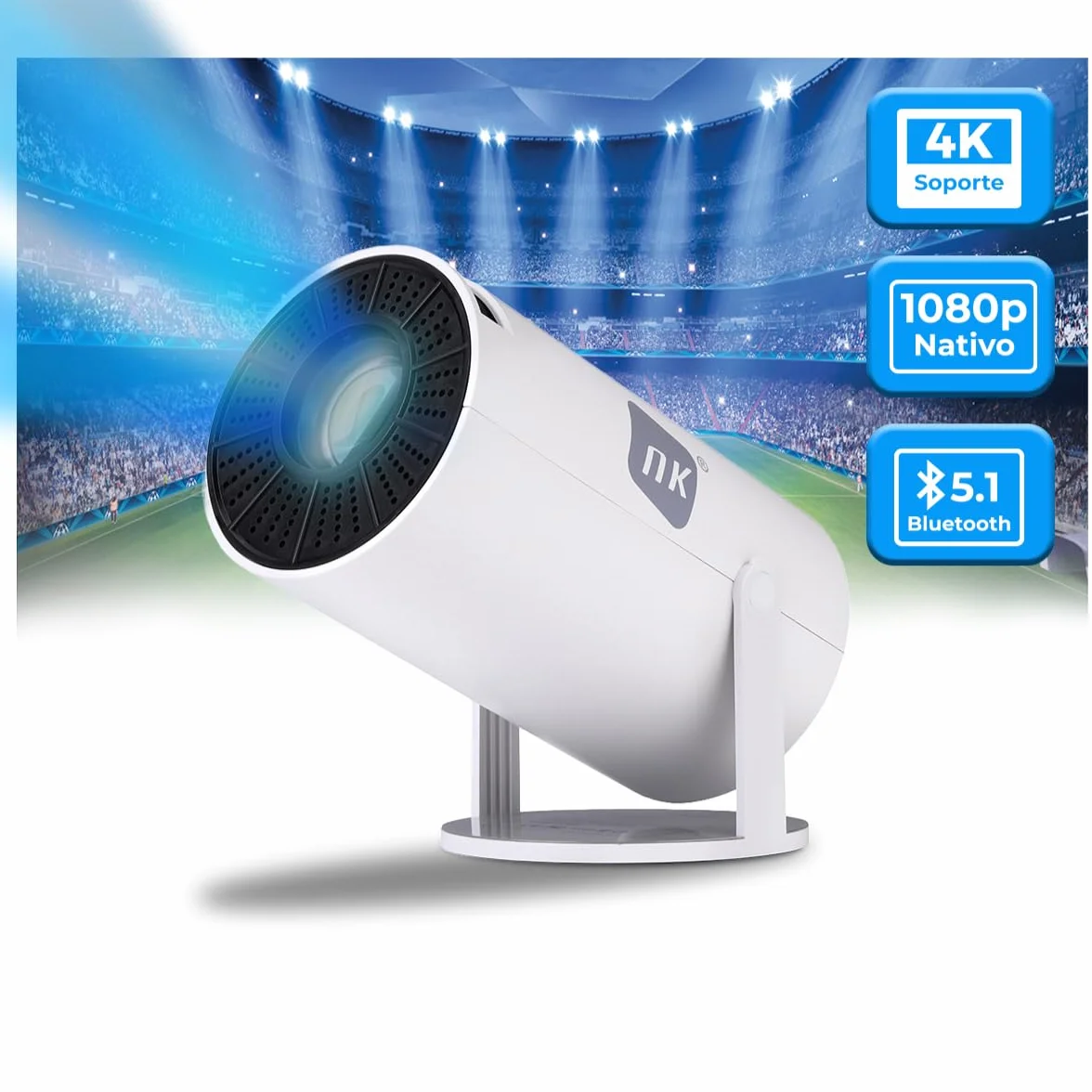 NK Mini przenośny projektor - rozdzielczość Full HD 1080P (obsługuje 4K), Android, WiFi, Bluetooth, Mirror Link, szkło 2,69" LCD, wbudowany głośnik, HDMI i USB, obrót 180°, (10'8x10'3 cm)