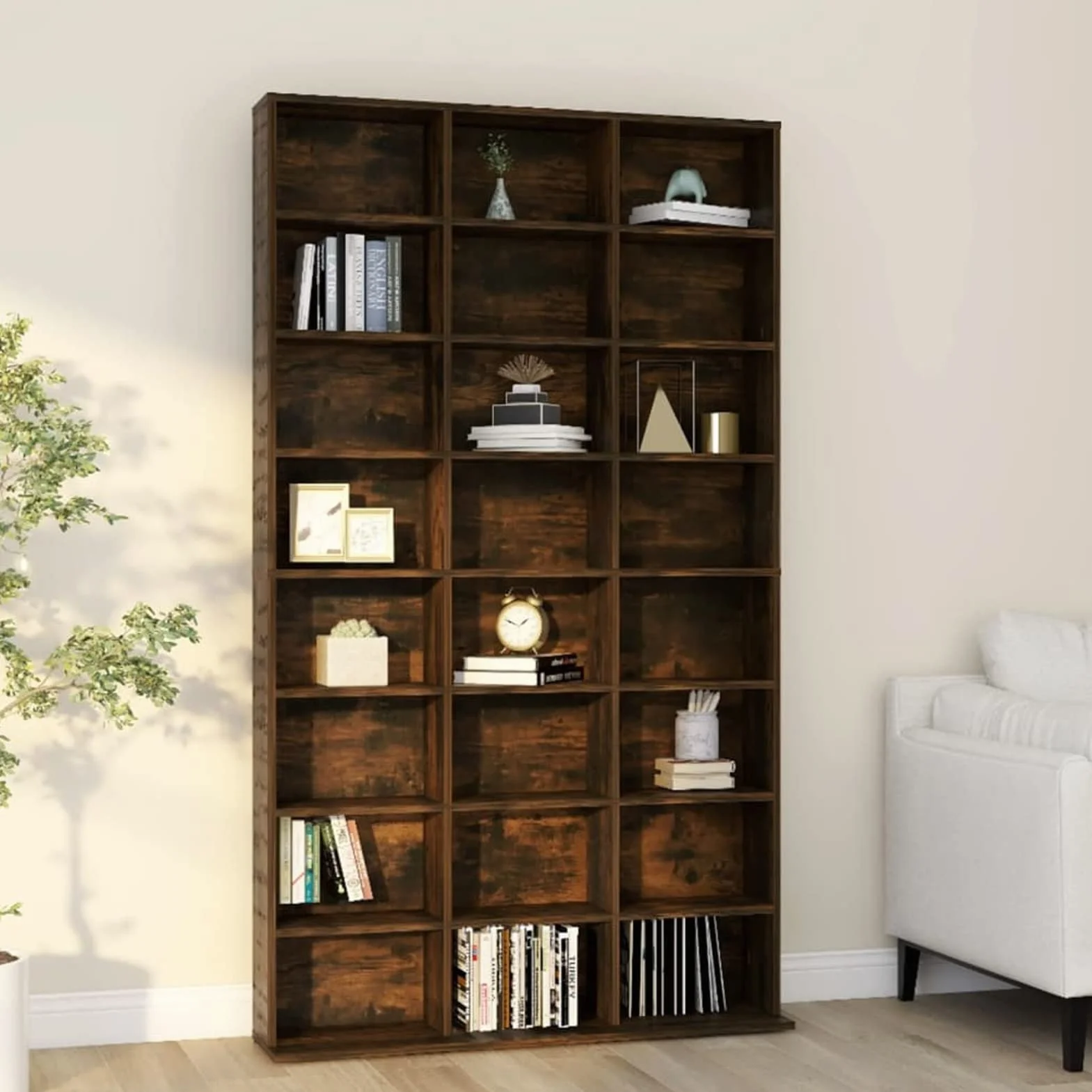 Szafka na płyty CD z drewna wędzonego, 102 x 23 x 177,5 cm, drewno wielowarstwowe, regał modułowy, klasyczna szafka na płyty CD, regulowane przegródki drewniane