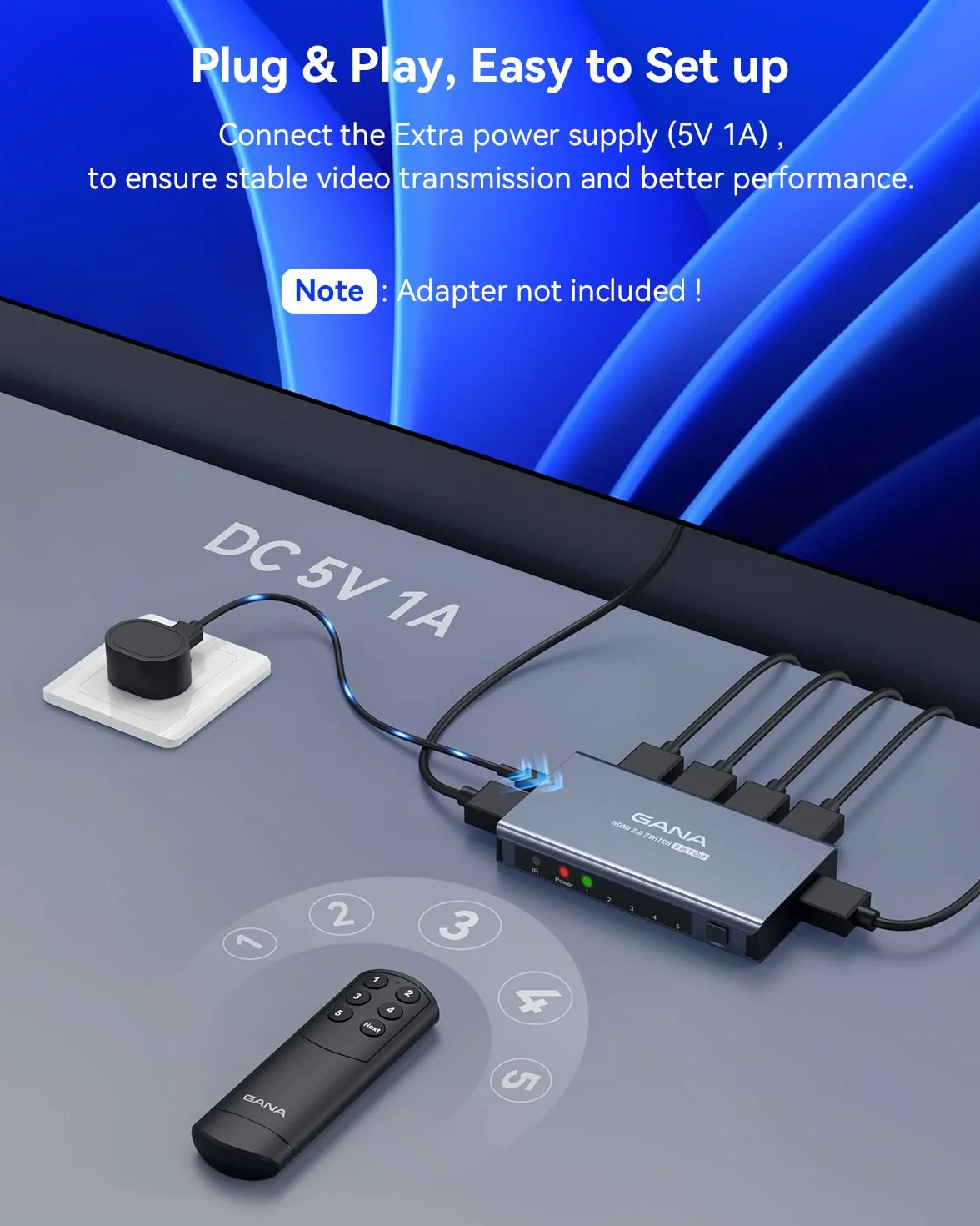 Przełącznik HDMI 5 w 1 Out 4K przy 60Hz, GANA rozdzielacz HDMI z pilotem, aluminiowy koncentrator HDMI 2.0 do 3D, HDCP2.2, HDR, kompatybilny z Xbox, PS5/4/3, Fire Stick, Roku, odtwarzaczem Blu-Ray