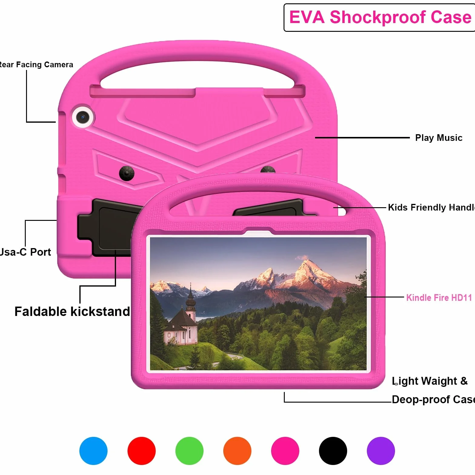 Kompatybilny z Kindle Fire HD 11 (2023) Etui na tablet dla dzieci, lekki, odporny wstrząsy stojak EVA uchwytem i podpórką(ROSE RED)