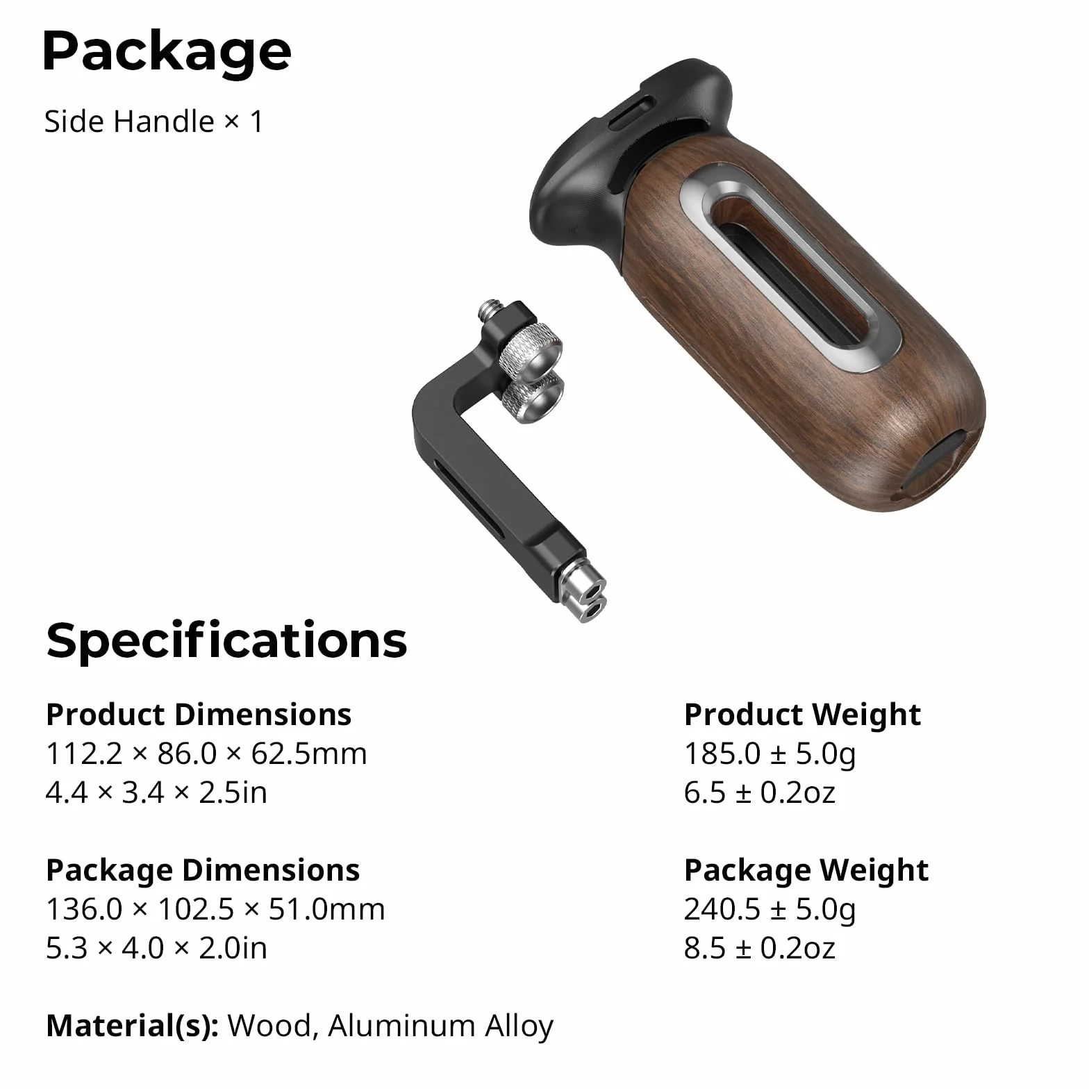 SMALLRIG Drewniany uchwyt boczny do klatek kamerowych z otworami gwintowanymi 1/4"-20, ergonomiczny uchwyt po lewej lub prawej stronie, regulacja pionowa 28 mm / 1,1 cala, udźwig 15 kg / 33,1-5237