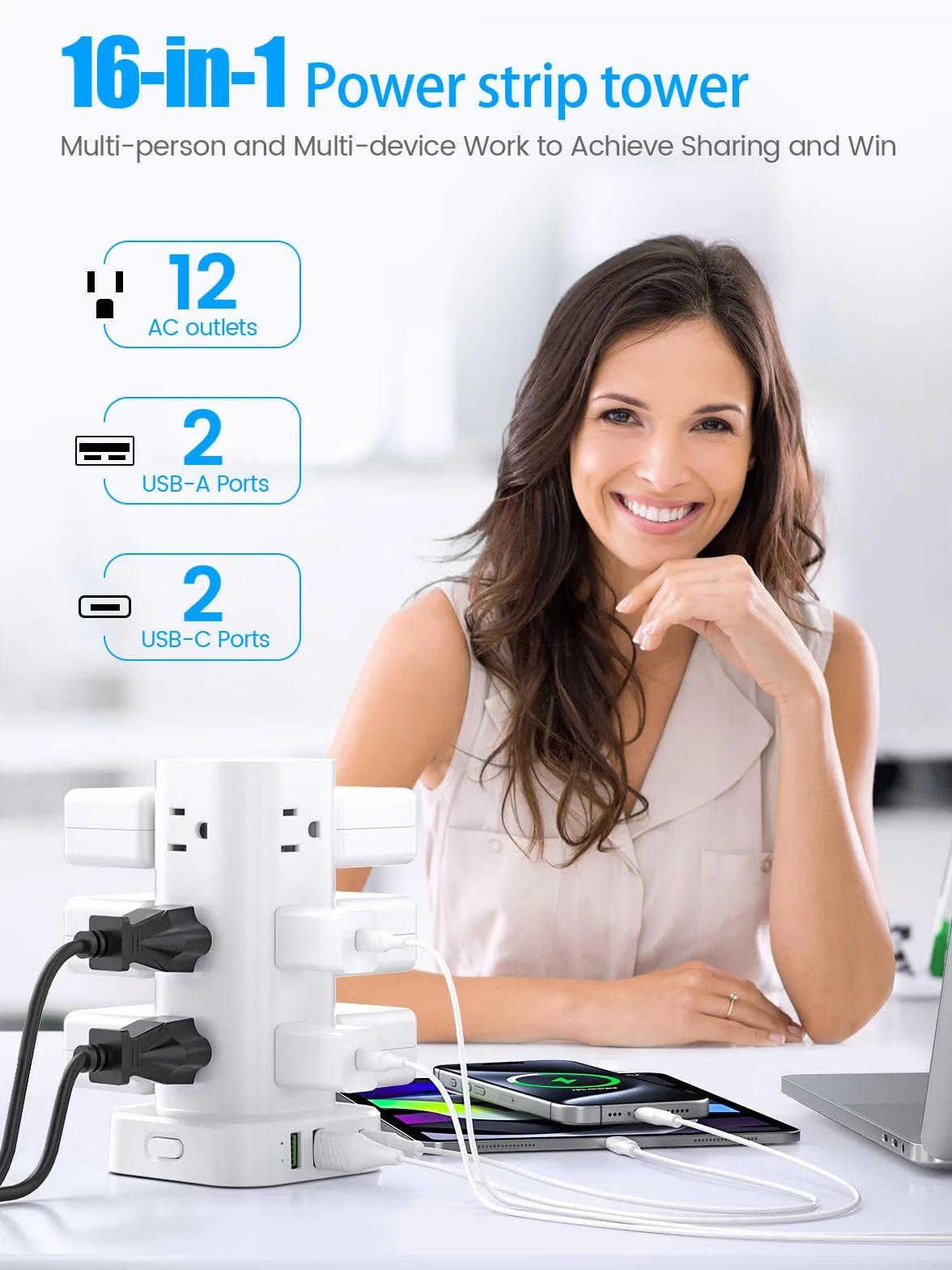 Płaska wtyczka wieża przeciwprzepięciowa, płaski przedłużacz 10 stóp z wieloma gniazdami, 12 wyjść AC, 4 porty USB (2 USB C) stacja ładująca do biura, domu,