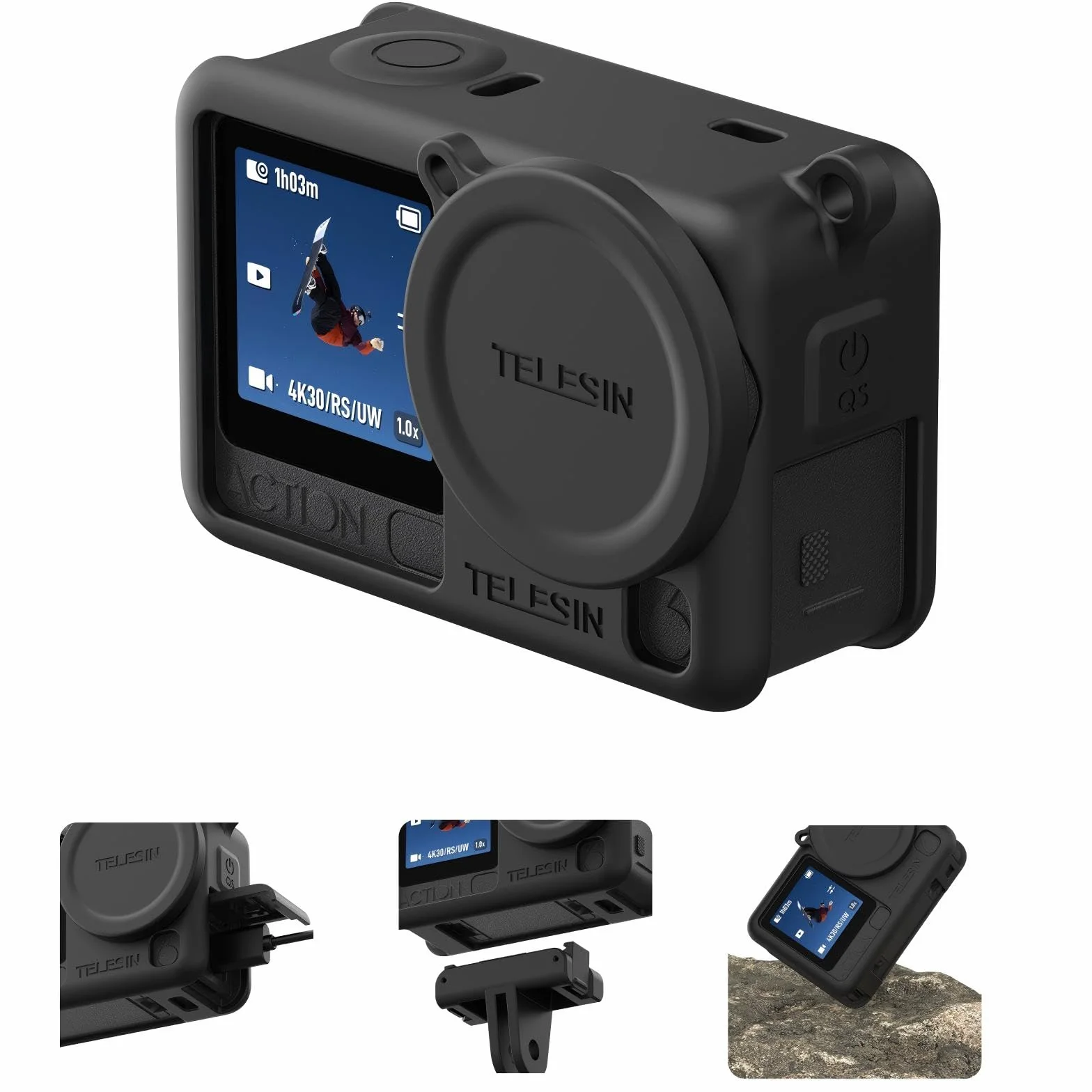 TELESIN Silikonowe etui ochronne do DJI Osmo Action 6 z osłoną obiektywu i smyczą, odporne na uderzenia, zarysowania, zmywalne, antypoślizgowe, pyłoszczelne, ochrona aparatu, akcesoria Action 6