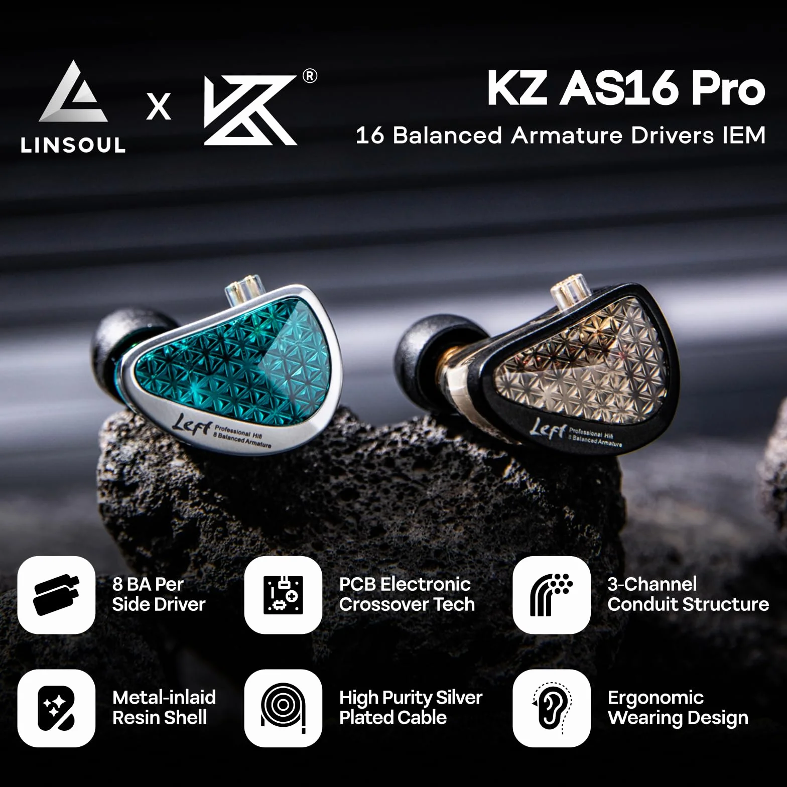 Linsoul KZ AS16 Pro Przewodowe słuchawki douszne, 16 przetworników zrównoważonych armatur HiFi Bass w słuchawkach dousznych z odłączanym kablem 0,75 mm 2-pinowym(Czarny,Bez Mikrofonu)