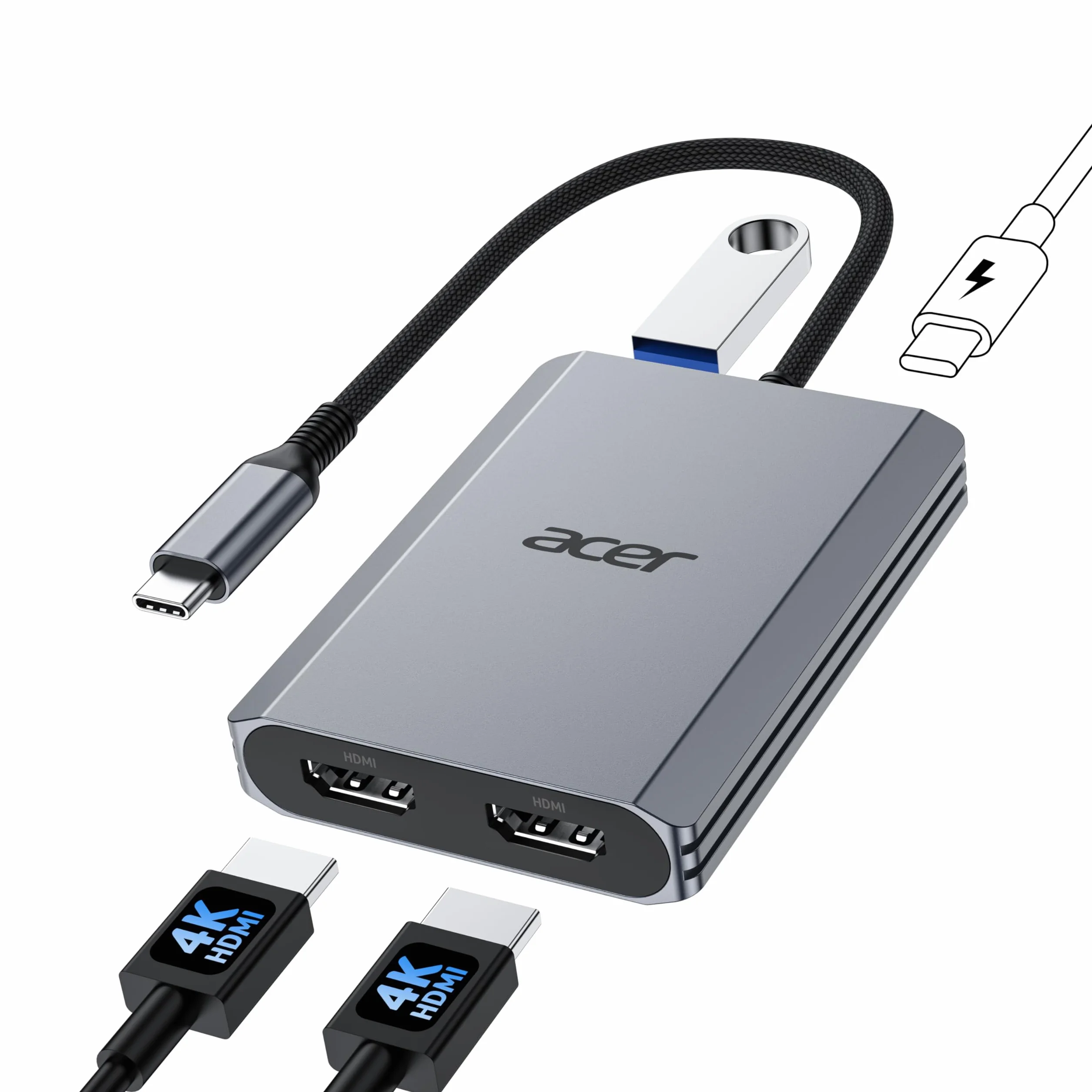 Acer Adapter USB-C na dwa HDMI 4K@60Hz, Rozdzielacz USB-C Multiport Hub z 2 HDMI, 100W PD, USB 3.0, Konwerter Type-C do dwóch monitorów, Kompatybilny z Acer Nitro, MacBook Air/Pro, Dell XPS, Surface