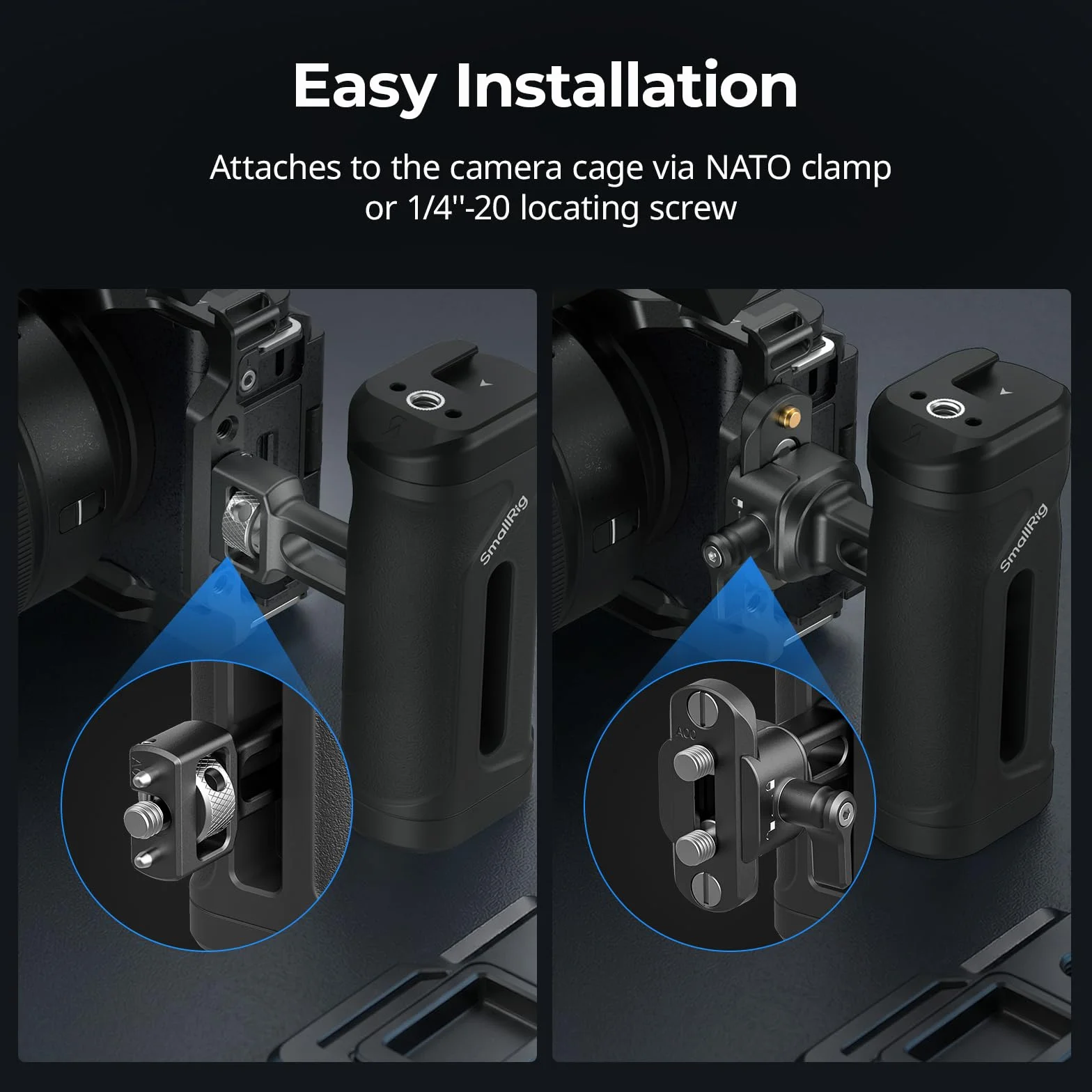 SMALLRIG Mini uchwyt boczny z szyną NATO lub śrubą mocującą 1/4"-20, ergonomiczny uchwyt do aparatu fotograficznego, regulowany w wysokości o 30 mm, zintegrowana stopka akcesoriów - 5948