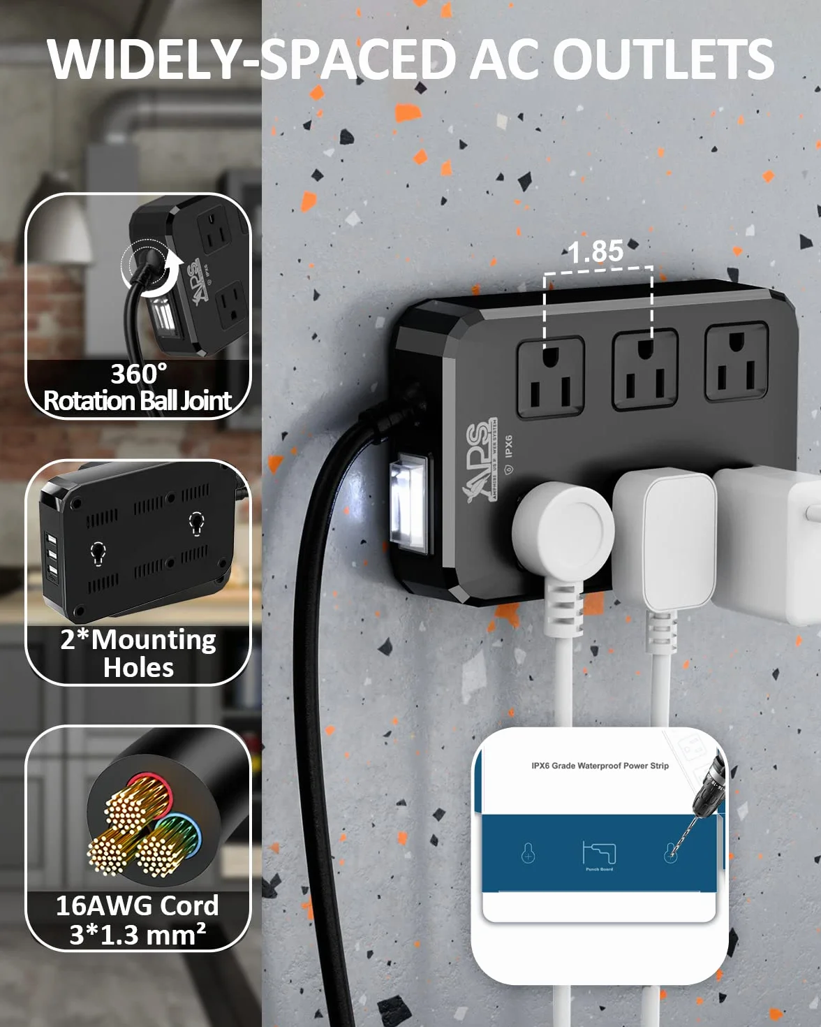IPX6 Outdoor Power Strip Proof, wodoodporna ochrona surge Protector z 6 szerokimi gniazdami z 3 portami USB, przewód przedłużający o długości 10 ft, montowany na ścianie do dekoracji zewnętrznych i