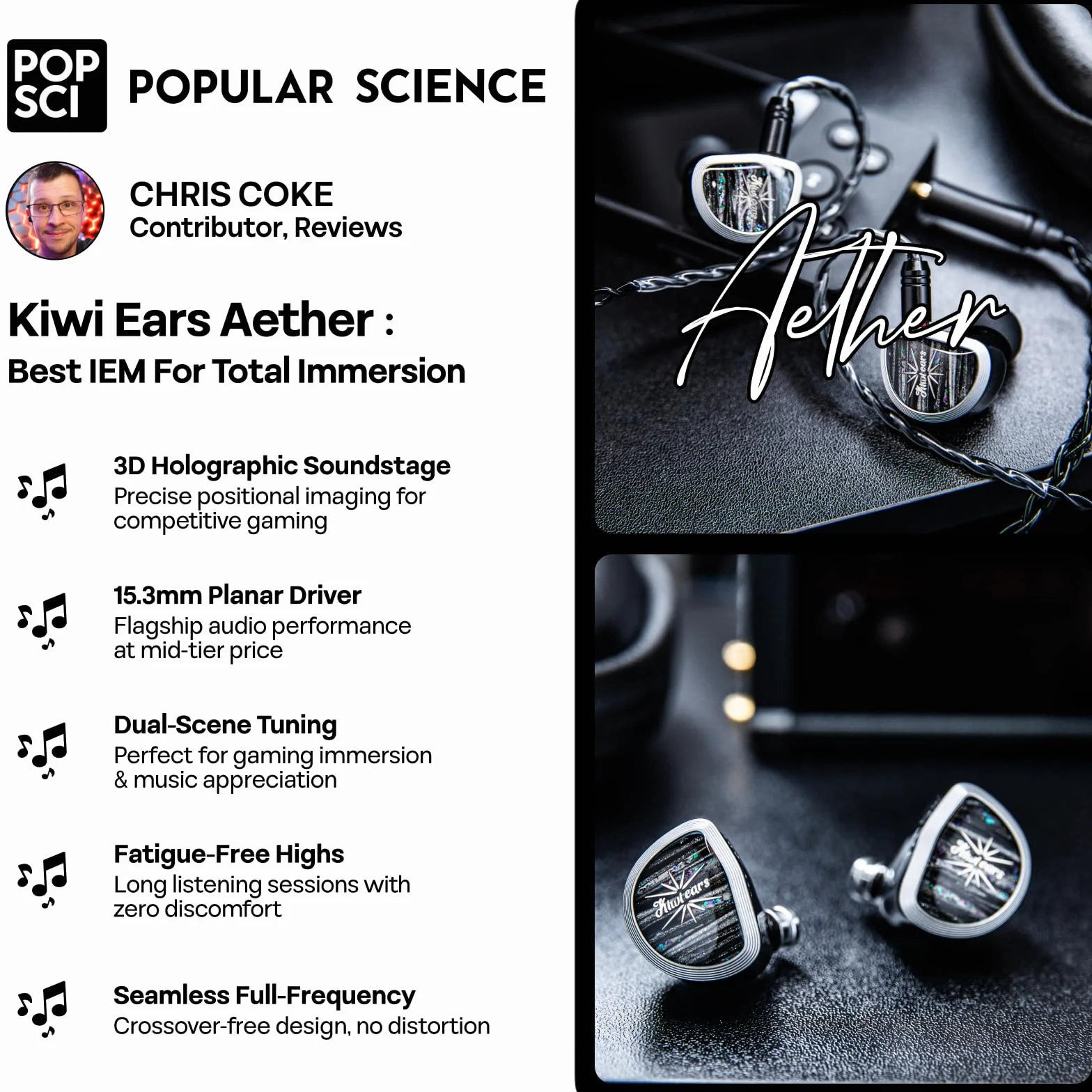 Linsoul Kiwi Ears Aether słuchawki douszne, 15,3 mm duży płaski przetwornik IEM, przewodowe słuchawki HiFi, słuchawki do gier z odłączalnym kablem 2Pin dla profesjonalnych muzyków i audiofilów