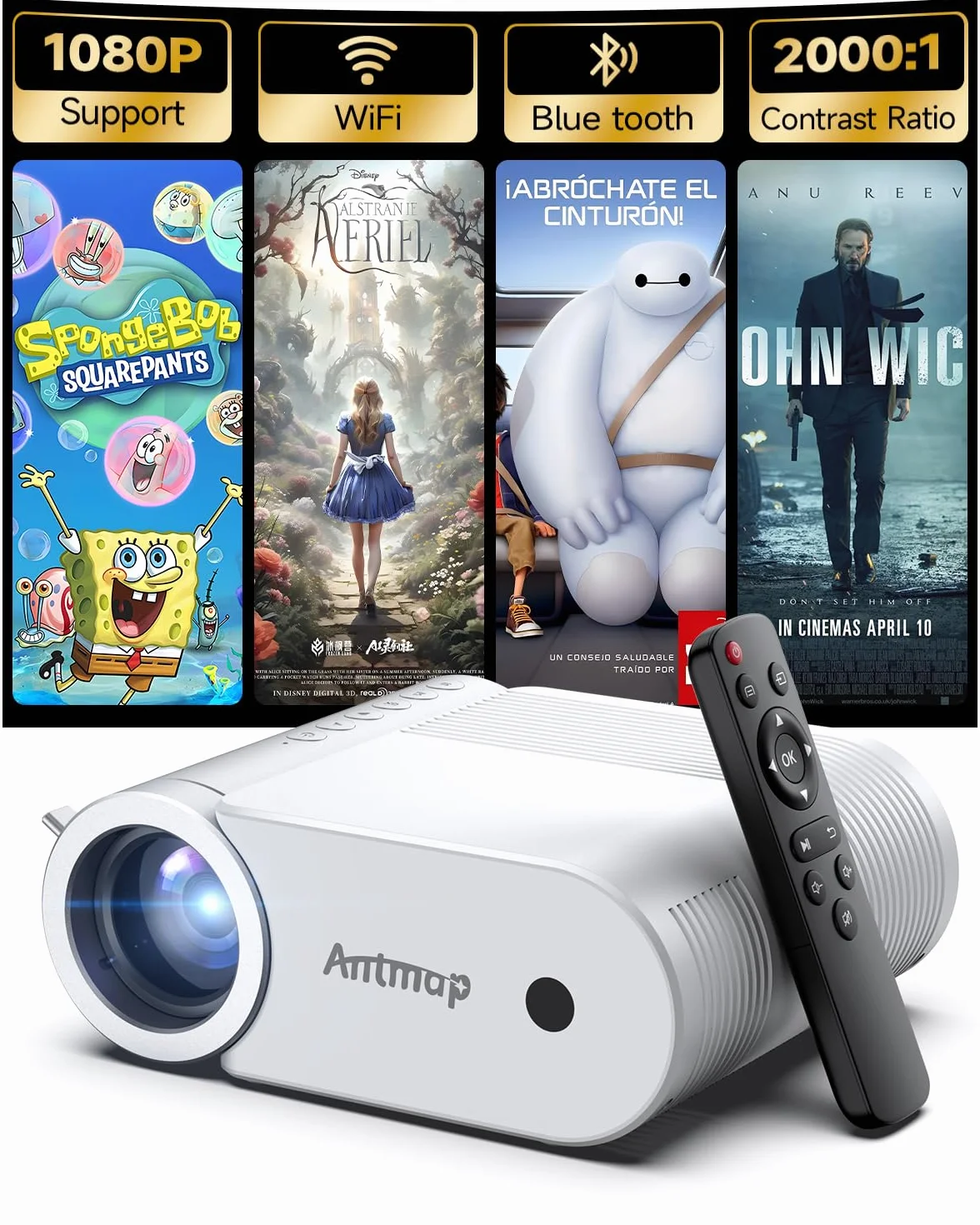 Mini projektor z WiFi i Bluetooth, 400 ANSI projektory zewnętrzne 1080p do iPhone'a, projektor kina domowego, obsługa 4K, do sypialni, 508.0 cm, bezprzewodowe projektory WiFi do smartfona/HDMI/USB/TV