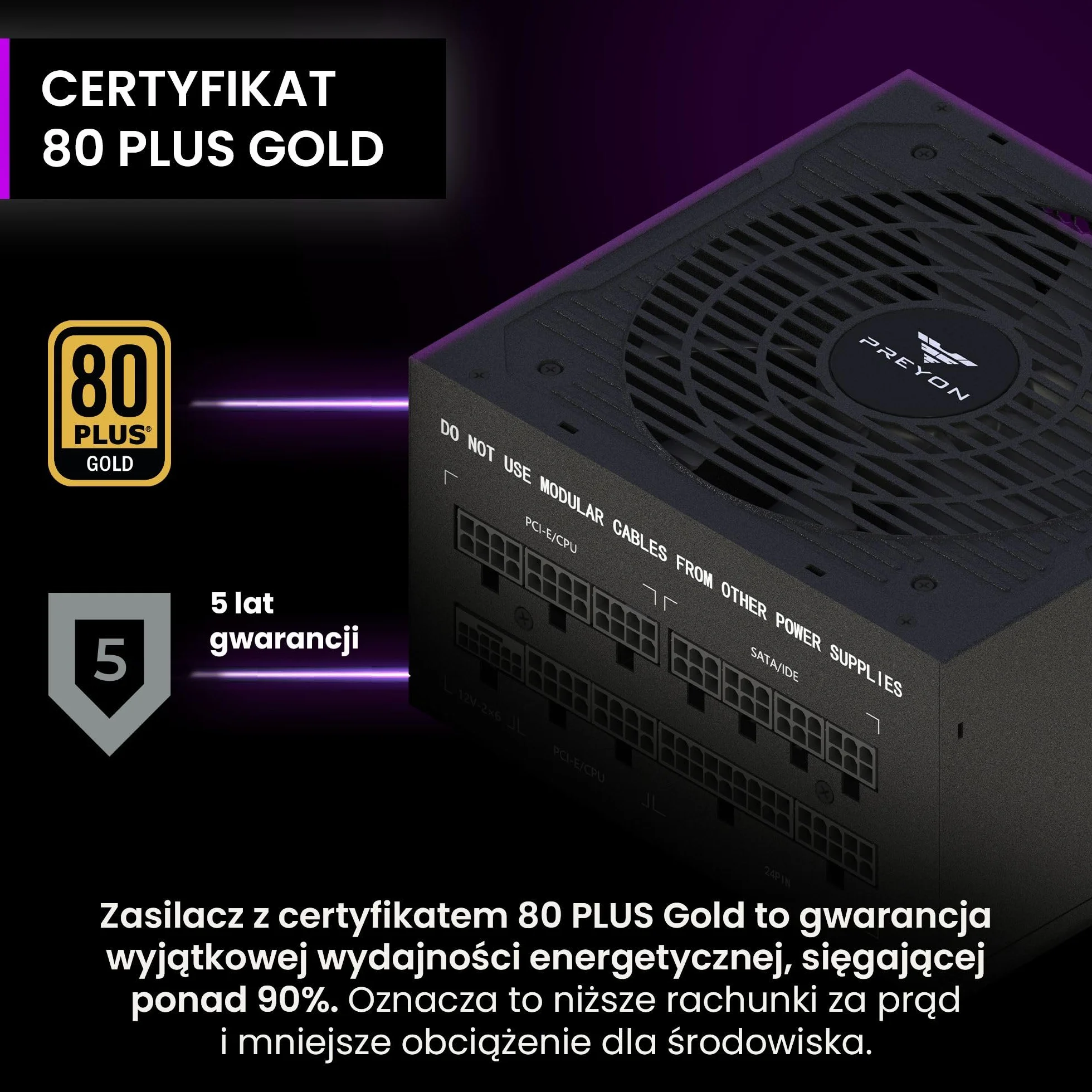 PREYON Eagle Power Gaming 750–1000 W zasilacz sieciowy 80+ złoty – modułowy, cichy, kompaktowy, dla graczy i kreatywnych, obsługa GPU 600 W, japońskie kondensatory, wysoka wydajność, design premium