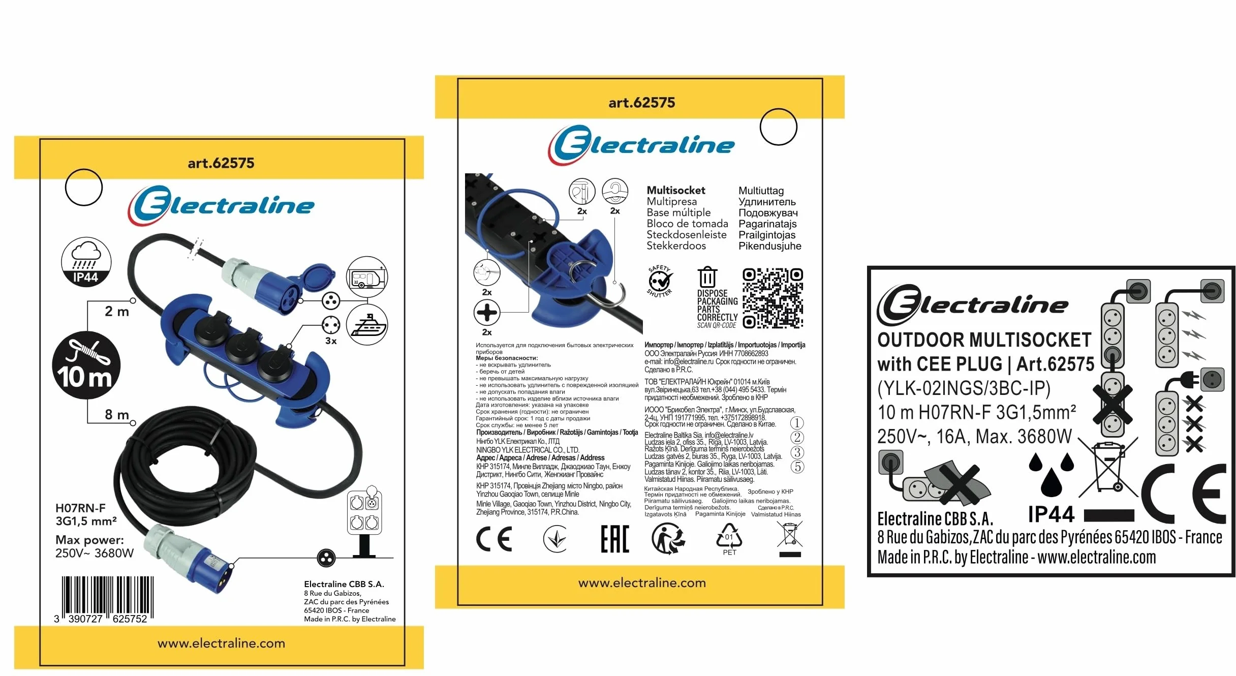 Electraline 62575 profesjonalna listwa zasilająca/przedłużenie do użytku na zewnątrz, wtyczka CEE, gniazda CEE + 3 gniazda Schuko, kabel gumowy 10 m H07RN-F 3G1.5, nadaje się na kemping