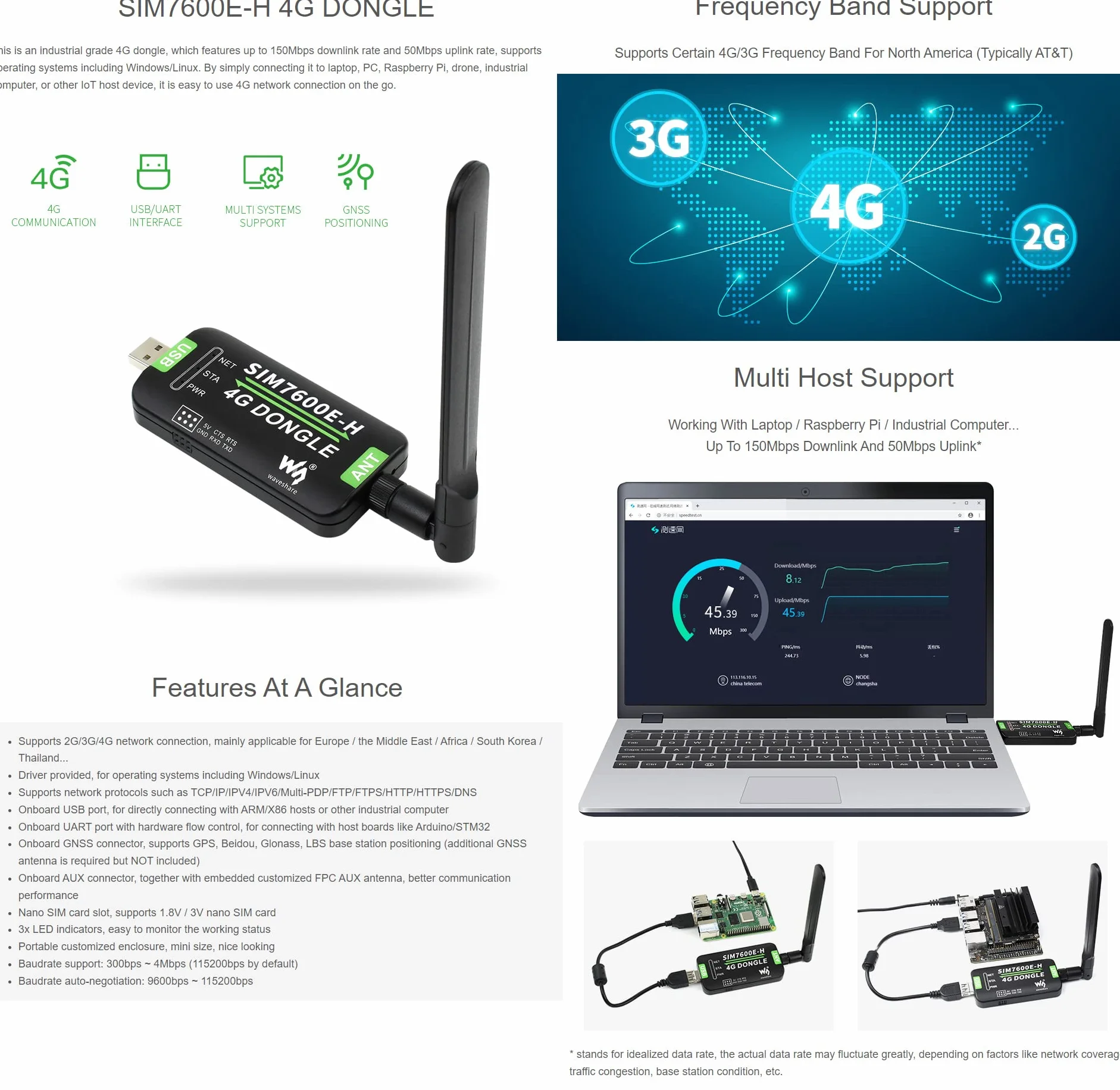 Waveshare SIM7600E-H 4G DONGLE With Antenna for Industrial Grade 4G Communication And GNSS Positioning Peripheral